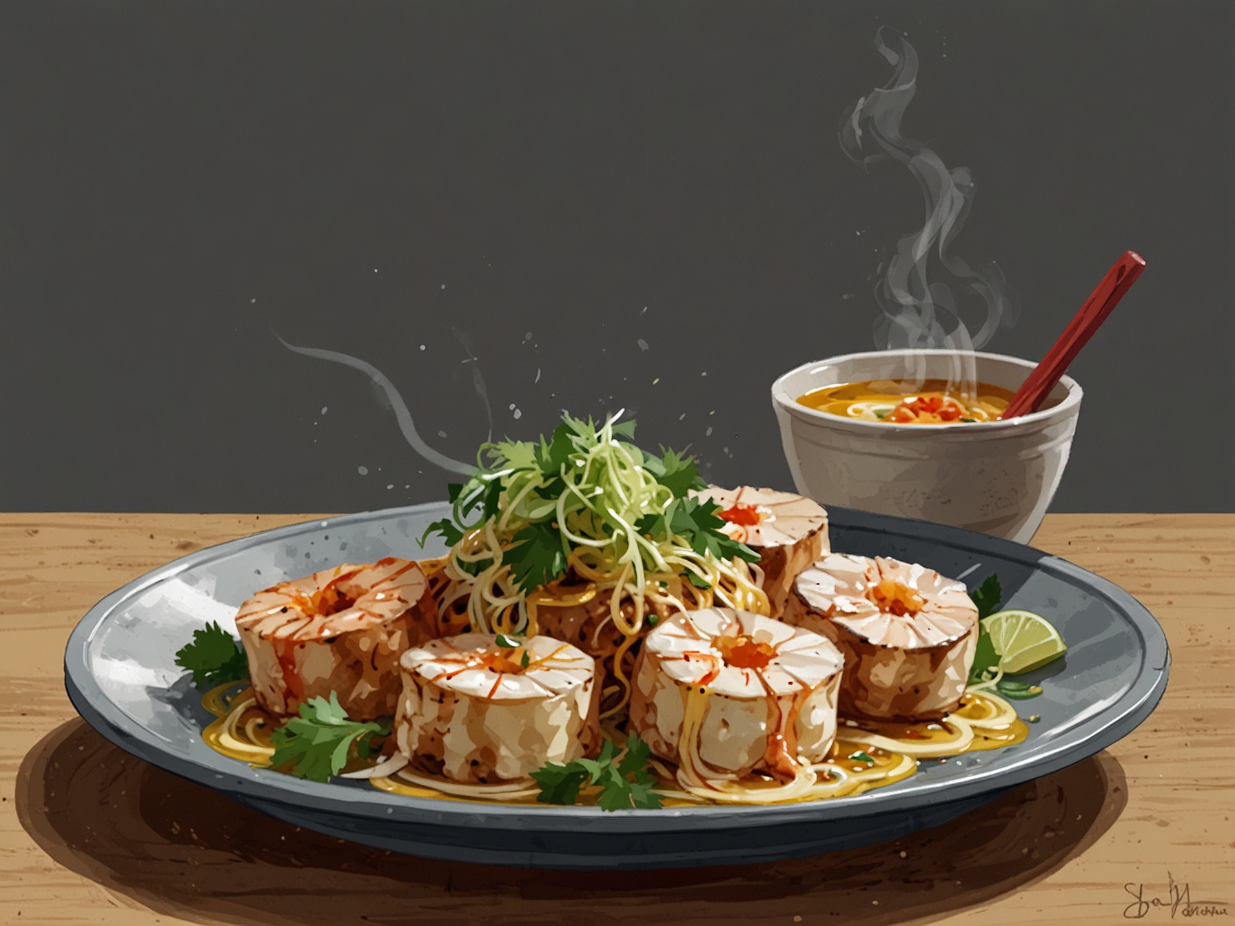 A sizzling hot plate of bánh xèo, golden and crisp, filled with shrimp and bean sprouts, accompanied by fresh herbs and a sweet dipping sauce.