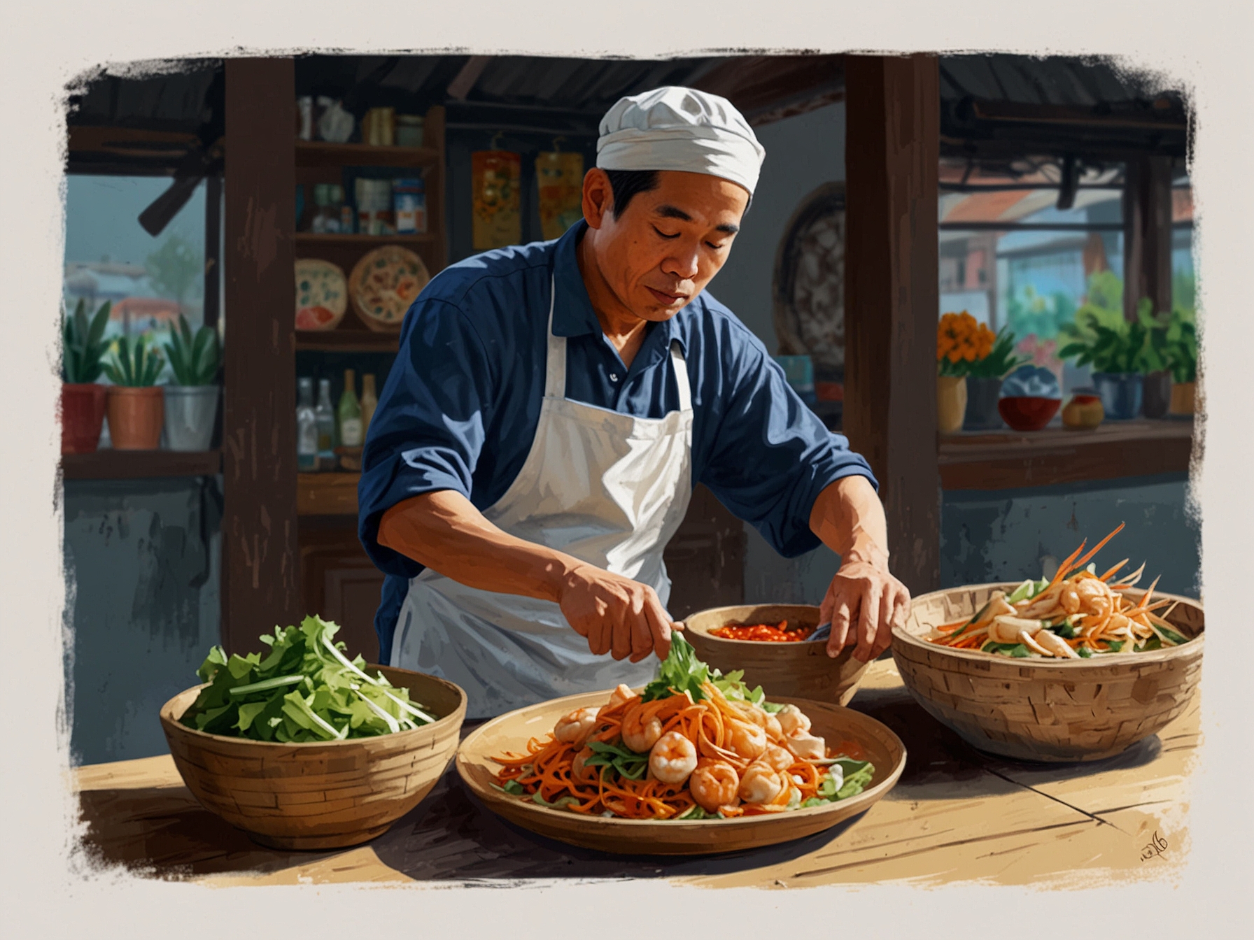 A vendor preparing fresh gỏi cuốn, with colorful ingredients like shrimp, lettuce, and vermicelli noodles, highlighting the art of Vietnamese spring rolls.