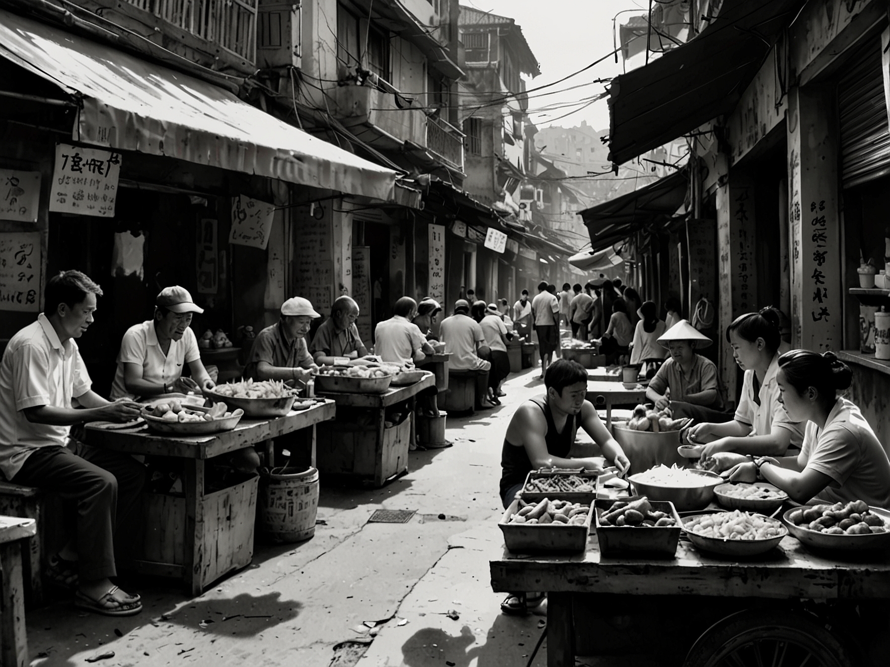 A lively street market in Hanoi, filled with various street food stalls, people enjoying their meals, and vibrant signs showcasing delicious Vietnamese dishes.