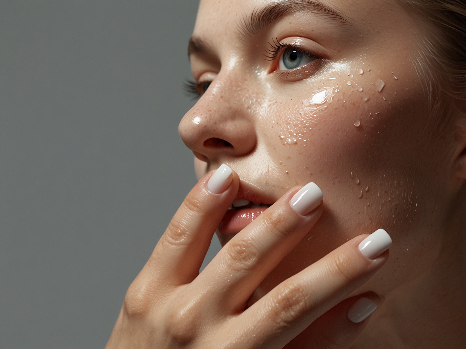 Close-up of a hand applying a moisturizing cream to a glowing face, showcasing the importance of hydration in a daily skincare regime, emphasizing natural beauty.