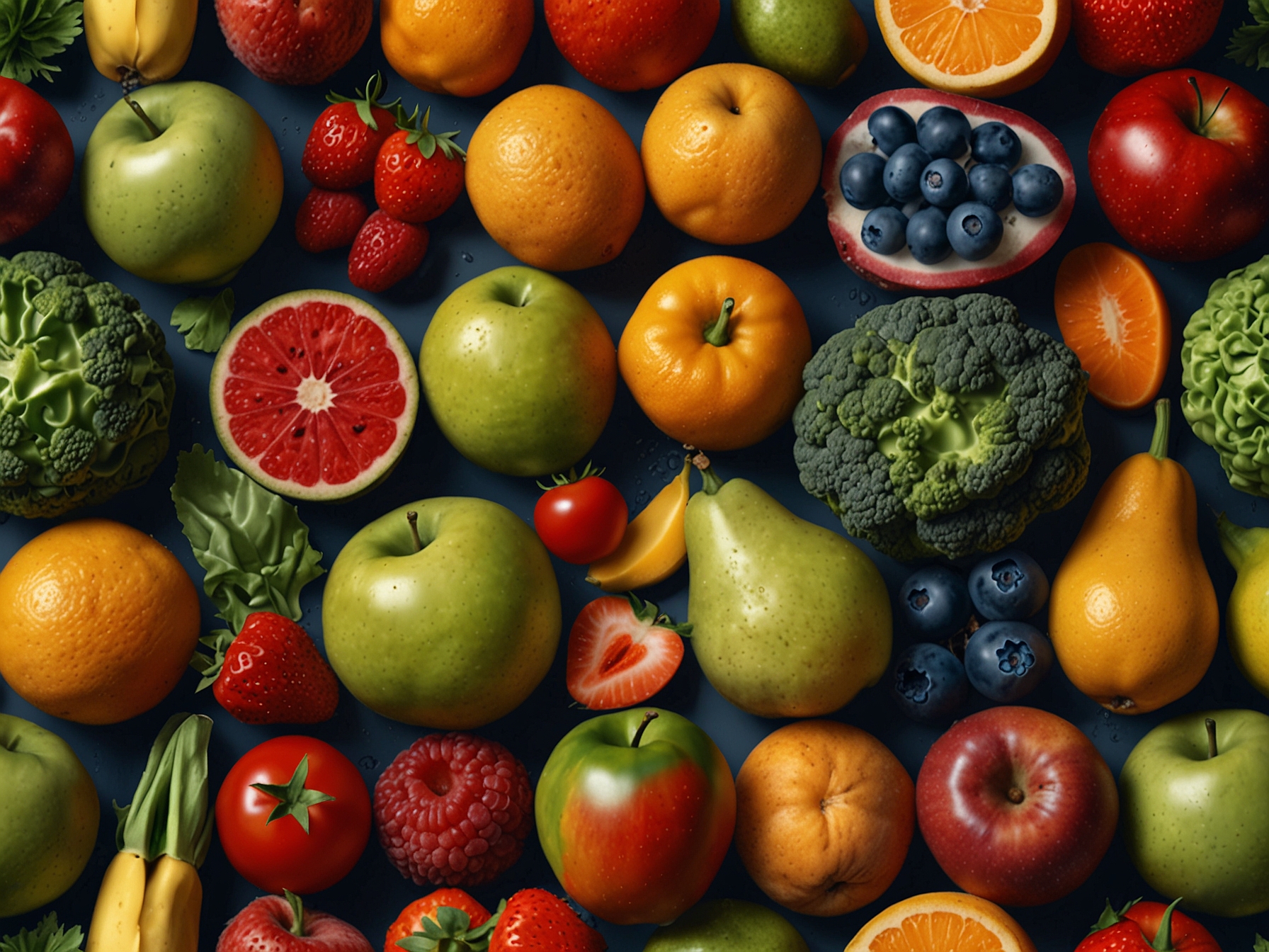 A vibrant selection of fresh fruits and vegetables beautifully arranged, illustrating how a healthy diet contributes to radiant skin and overall well-being.