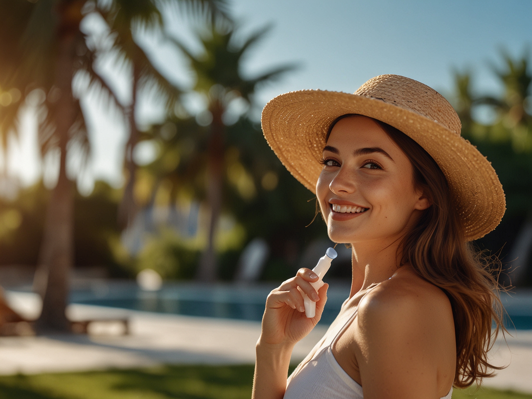 A cheerful young woman applying sunscreen outdoors, with a bright sun in the background, highlighting the necessity of sun protection for maintaining youthful skin.