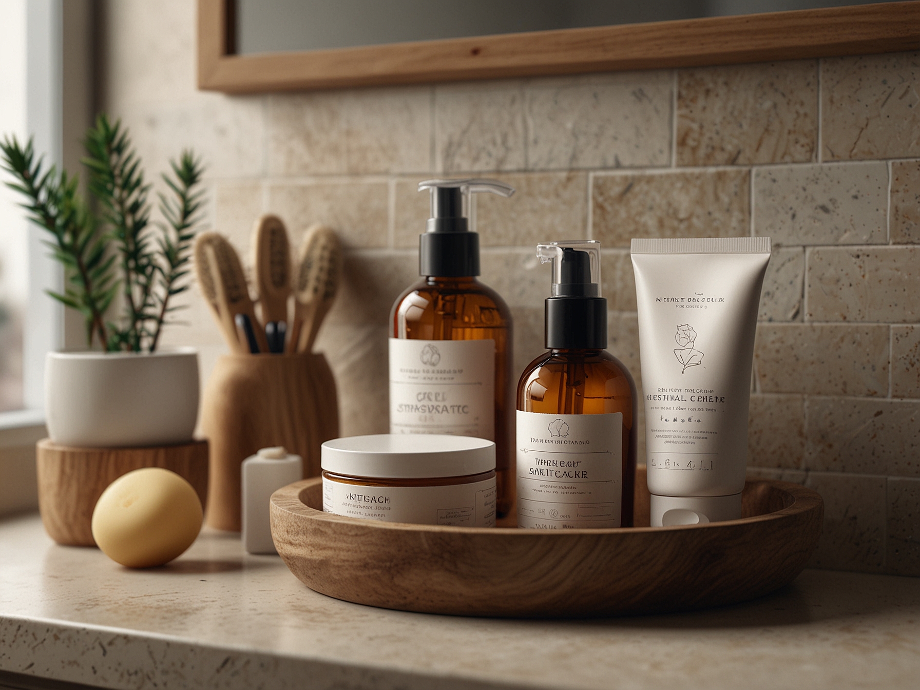 A cozy, inviting setup of natural skincare products on a bathroom counter, symbolizing the personal journey of discovering the right skincare routine for individual needs.