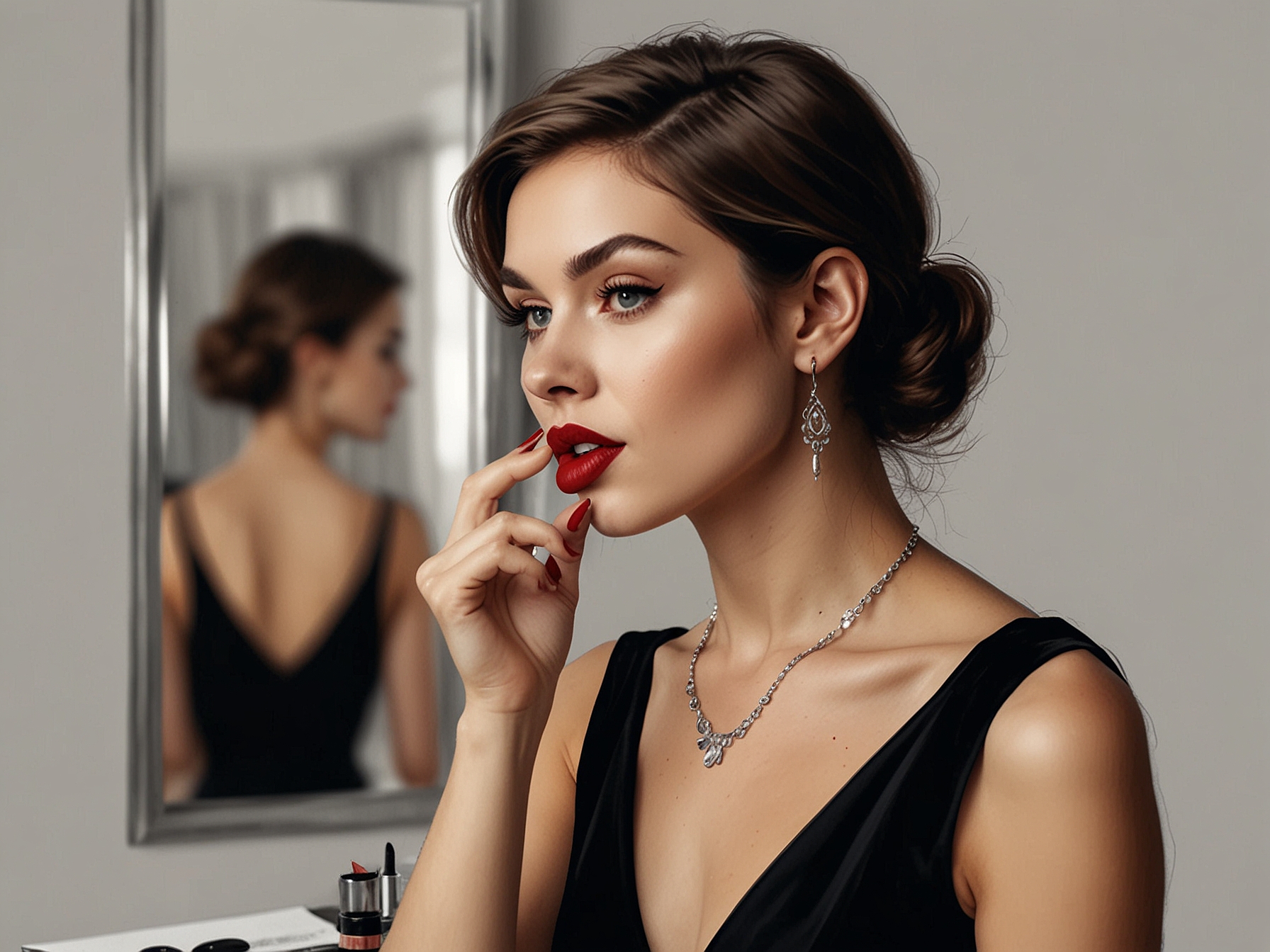 An elegant woman applies a bold red lipstick in front of a mirror, radiating confidence and strength before heading out.