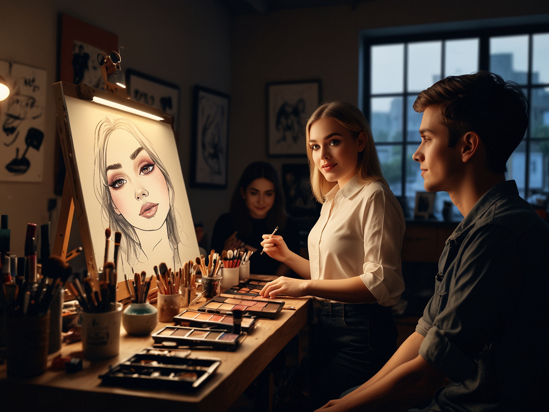 A lively makeup workshop setting, with a professional artist teaching a group of enthusiastic participants, showcasing various makeup techniques.