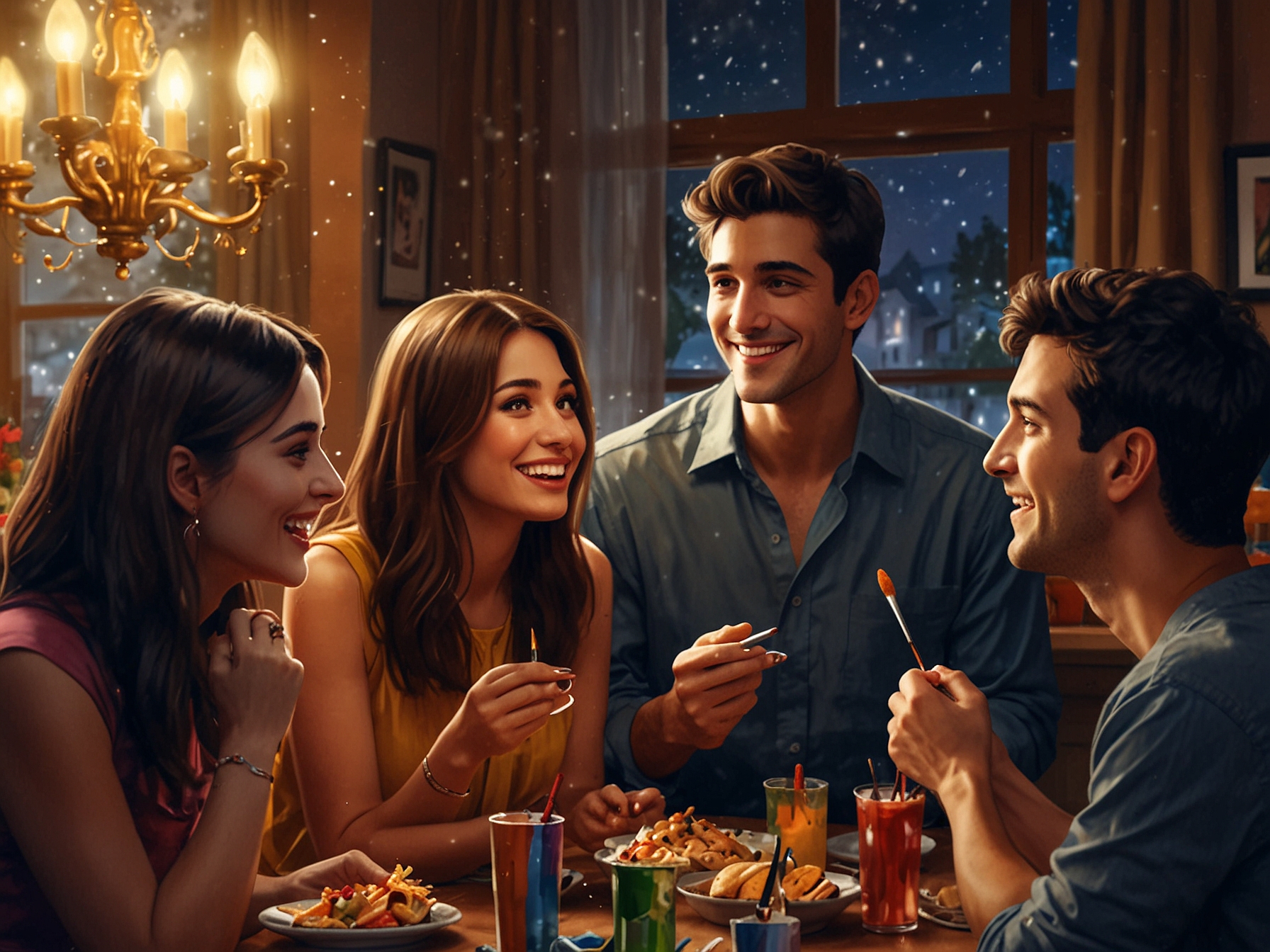 A festive celebration scene where friends admire each other's dazzling makeup, creating a vibrant atmosphere filled with joy.