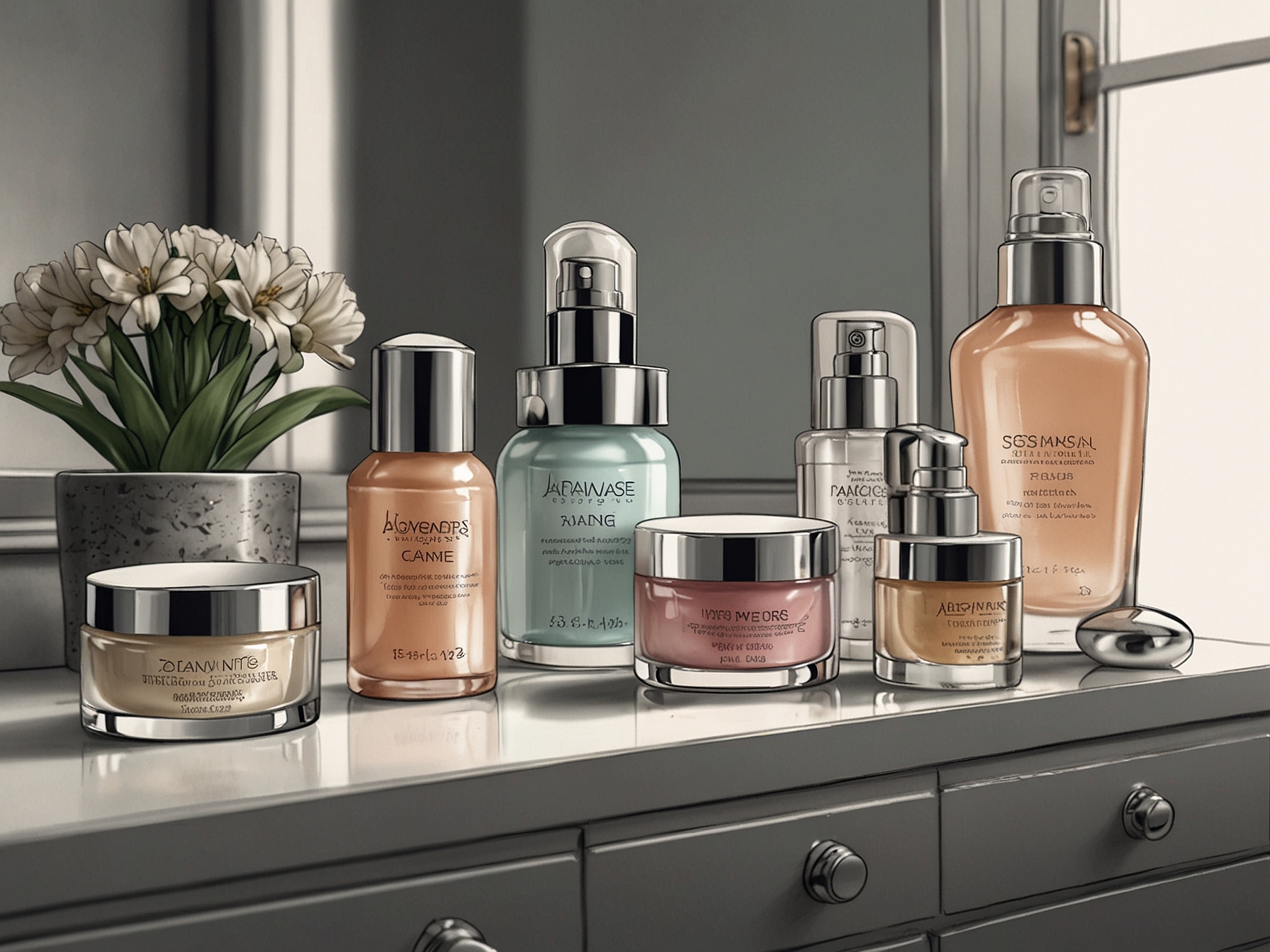 A serene moment highlighting skincare products arranged neatly on a vanity, emphasizing the importance of healthy skin for effective makeup.