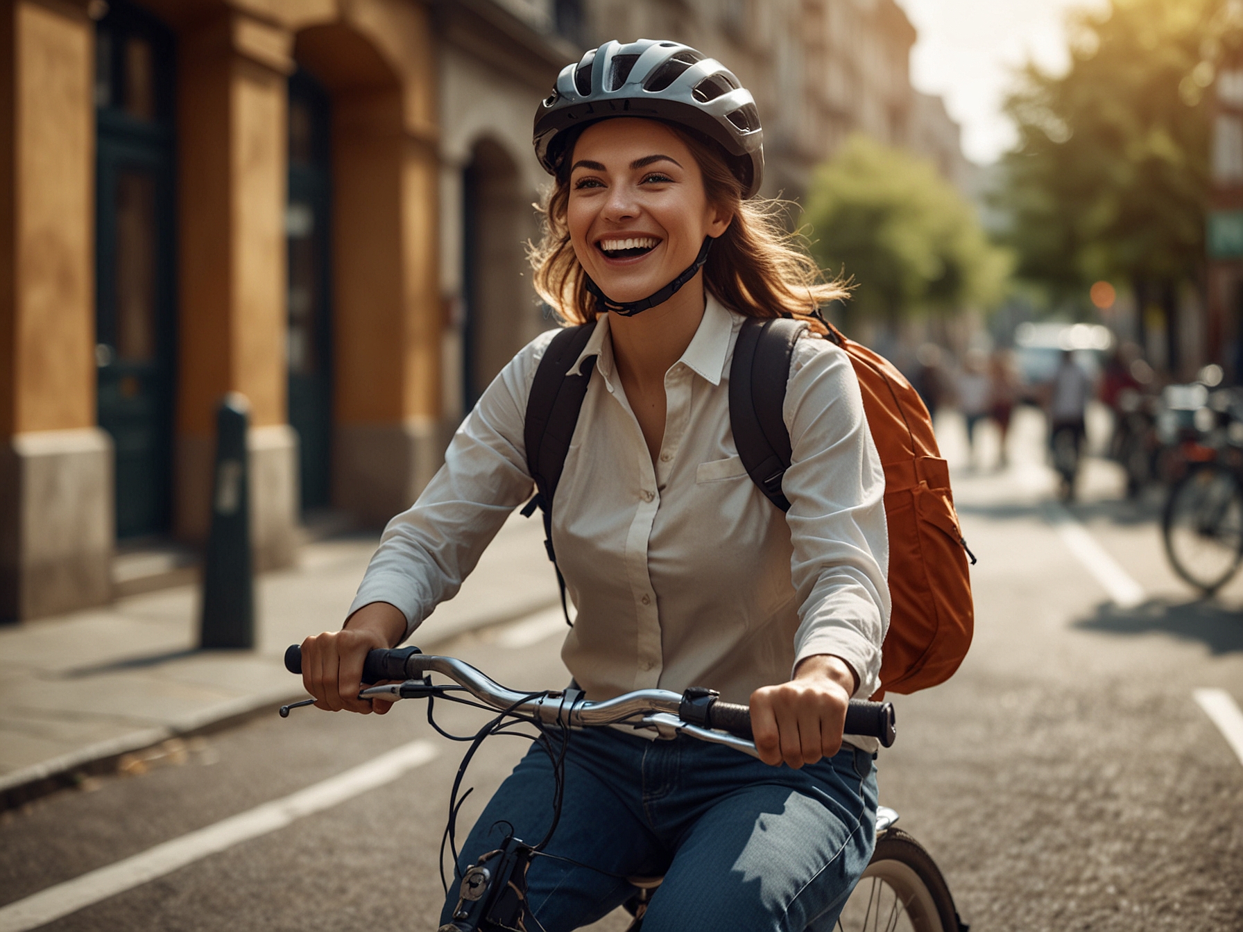 A cheerful woman cycling on a city street, representing an effective and enjoyable mode of transportation that supports maintaining a healthy figure.