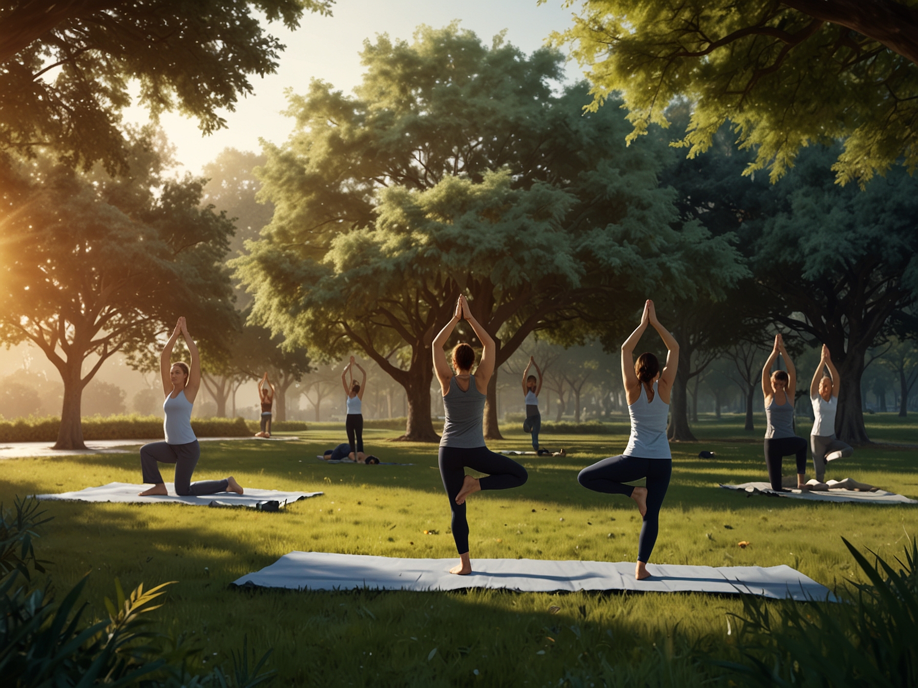 A peaceful yoga session in a serene park setting, emphasizing the benefits of relaxation and stress management in maintaining a healthy lifestyle.