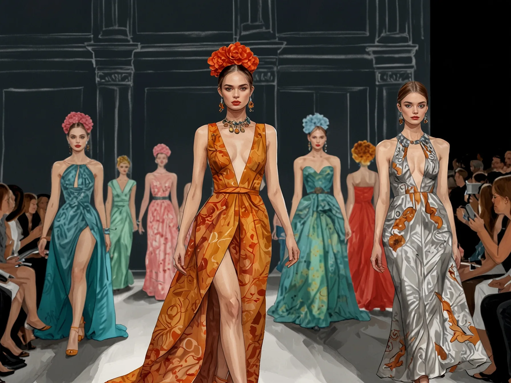 A modern fashion show featuring local designers, showcasing a blend of traditional elements and contemporary styles with colorful designs and innovative patterns.