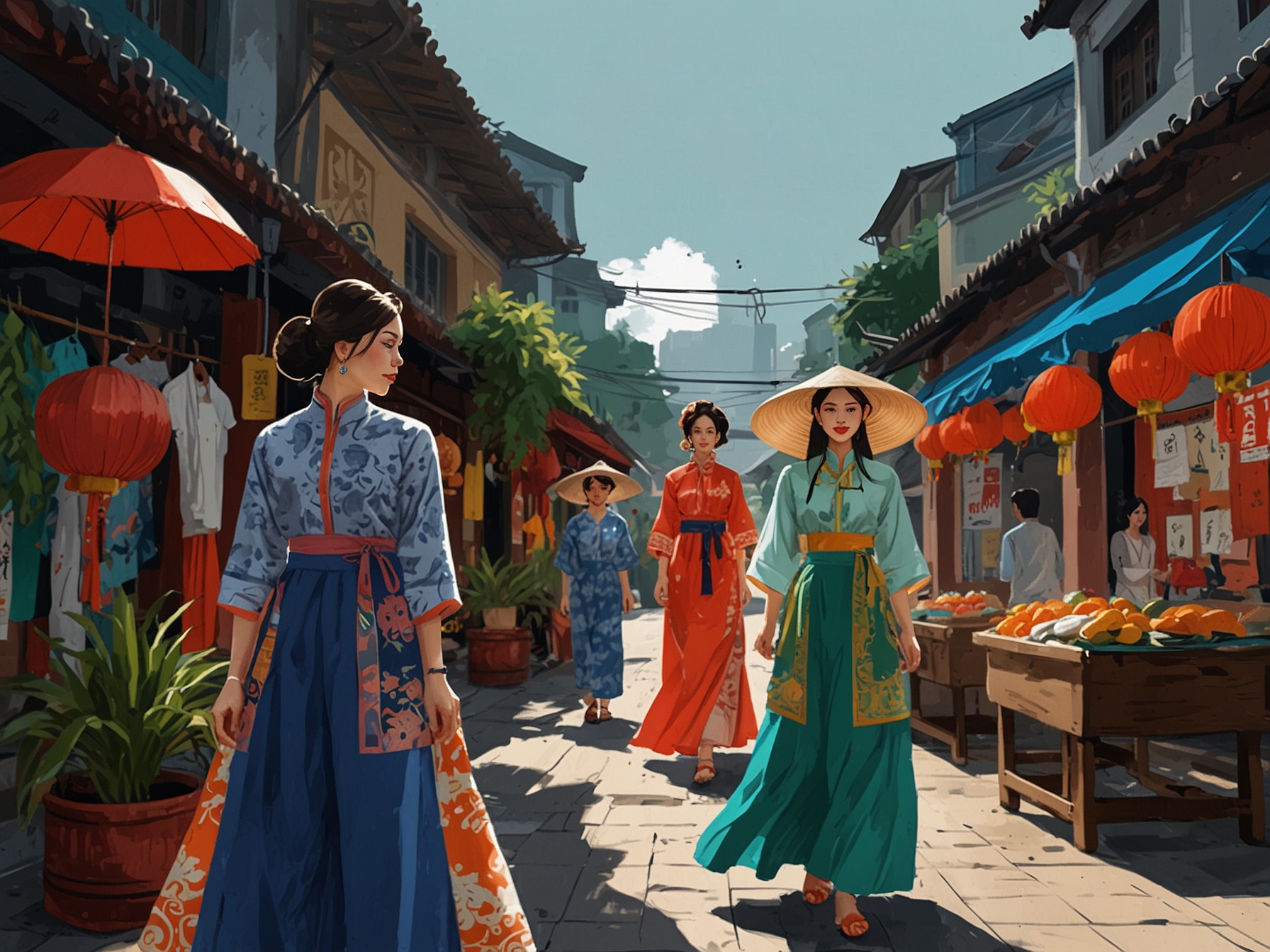 A vibrant marketplace filled with local fashion brands, where young people explore traditional costumes and modern outfits, reflecting the fusion of styles in Vietnamese fashion.