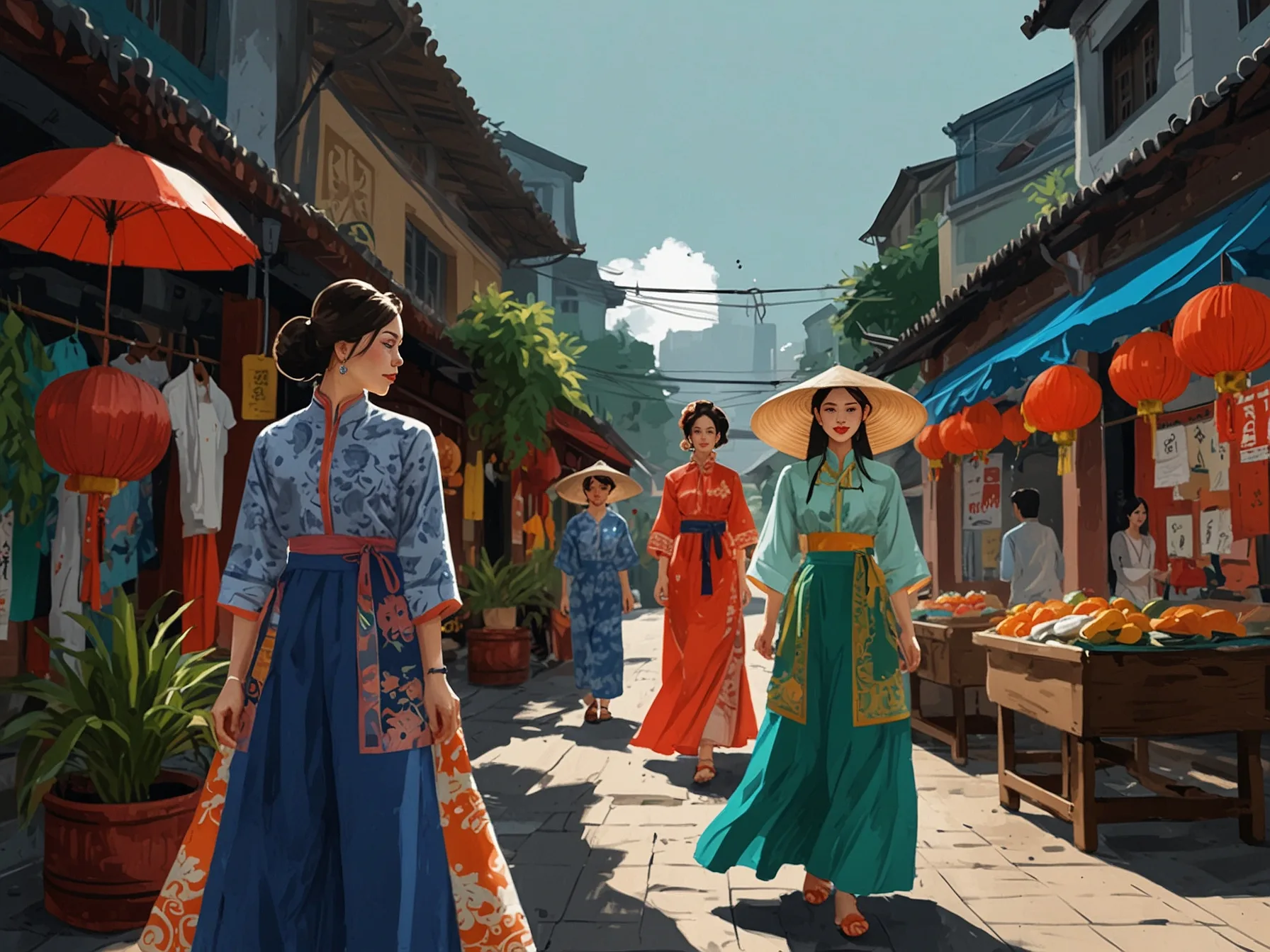 A vibrant marketplace filled with local fashion brands, where young people explore traditional costumes and modern outfits, reflecting the fusion of styles in Vietnamese fashion.