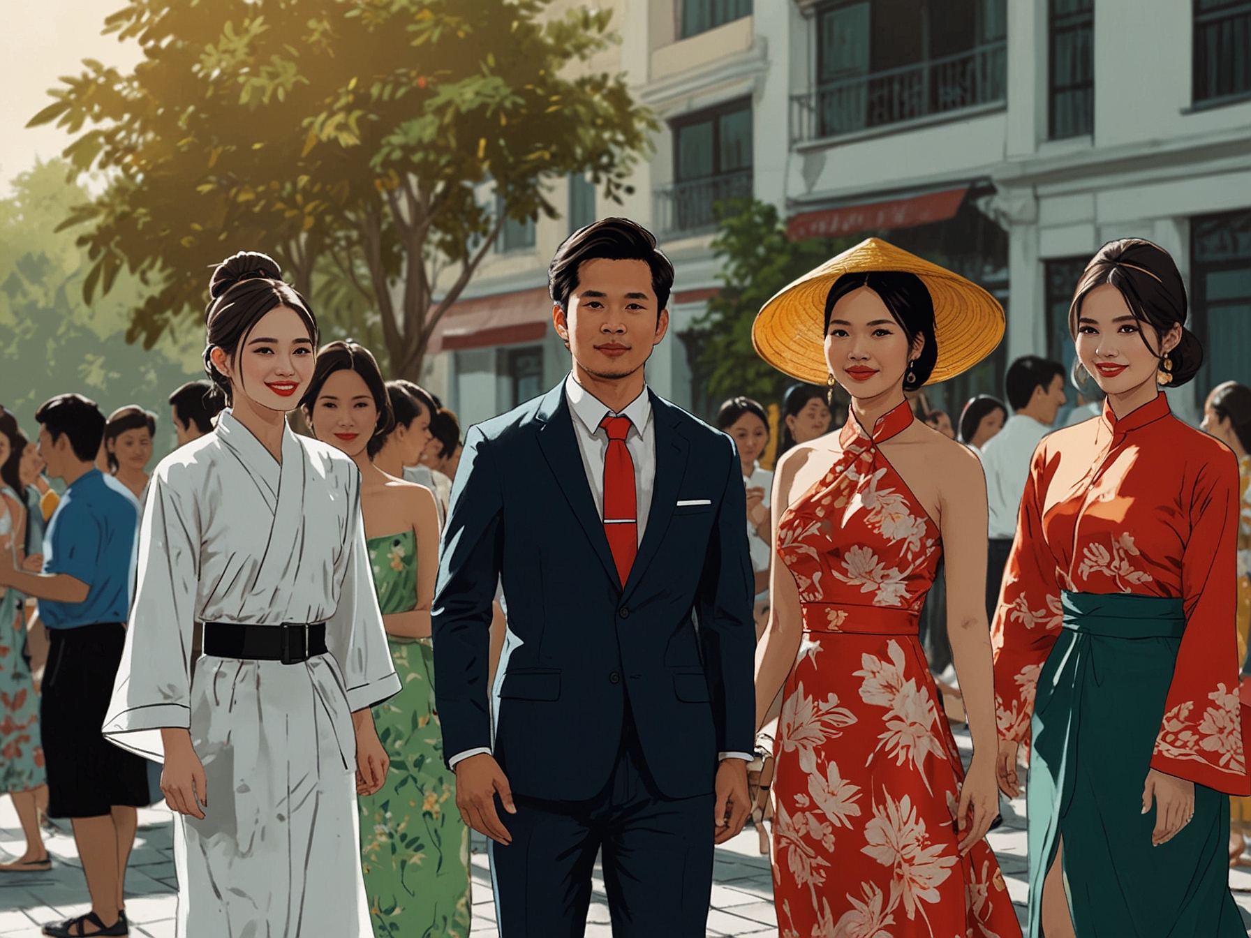 A group of diverse young adults enjoying a fashion event, celebrating Vietnamese culture with a mix of traditional and modern attire, emphasizing the evolution of personal style.