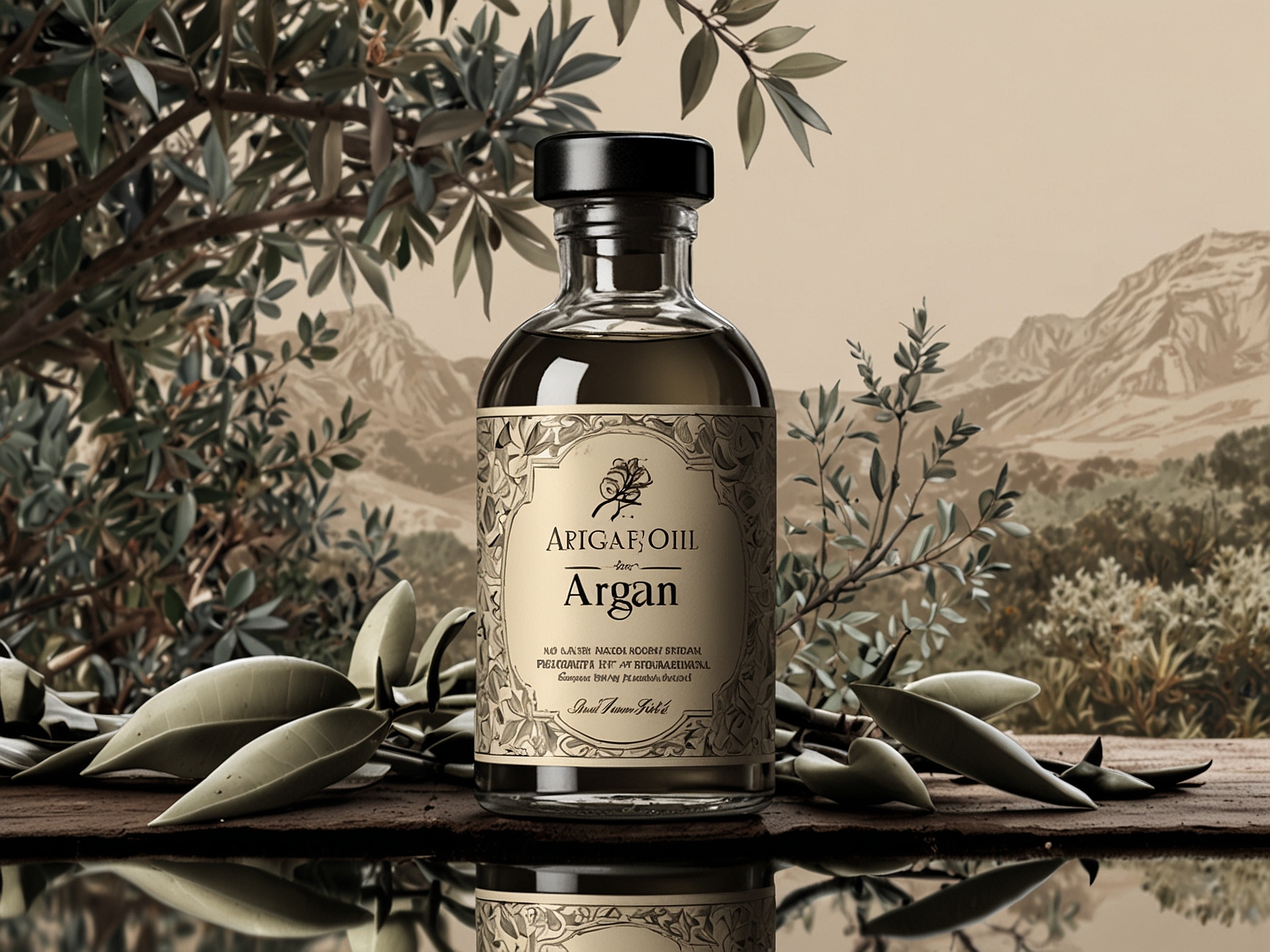 An elegant bottle of argan oil with a background of lush green plants, showcasing its natural benefits for hair nourishment and repair.