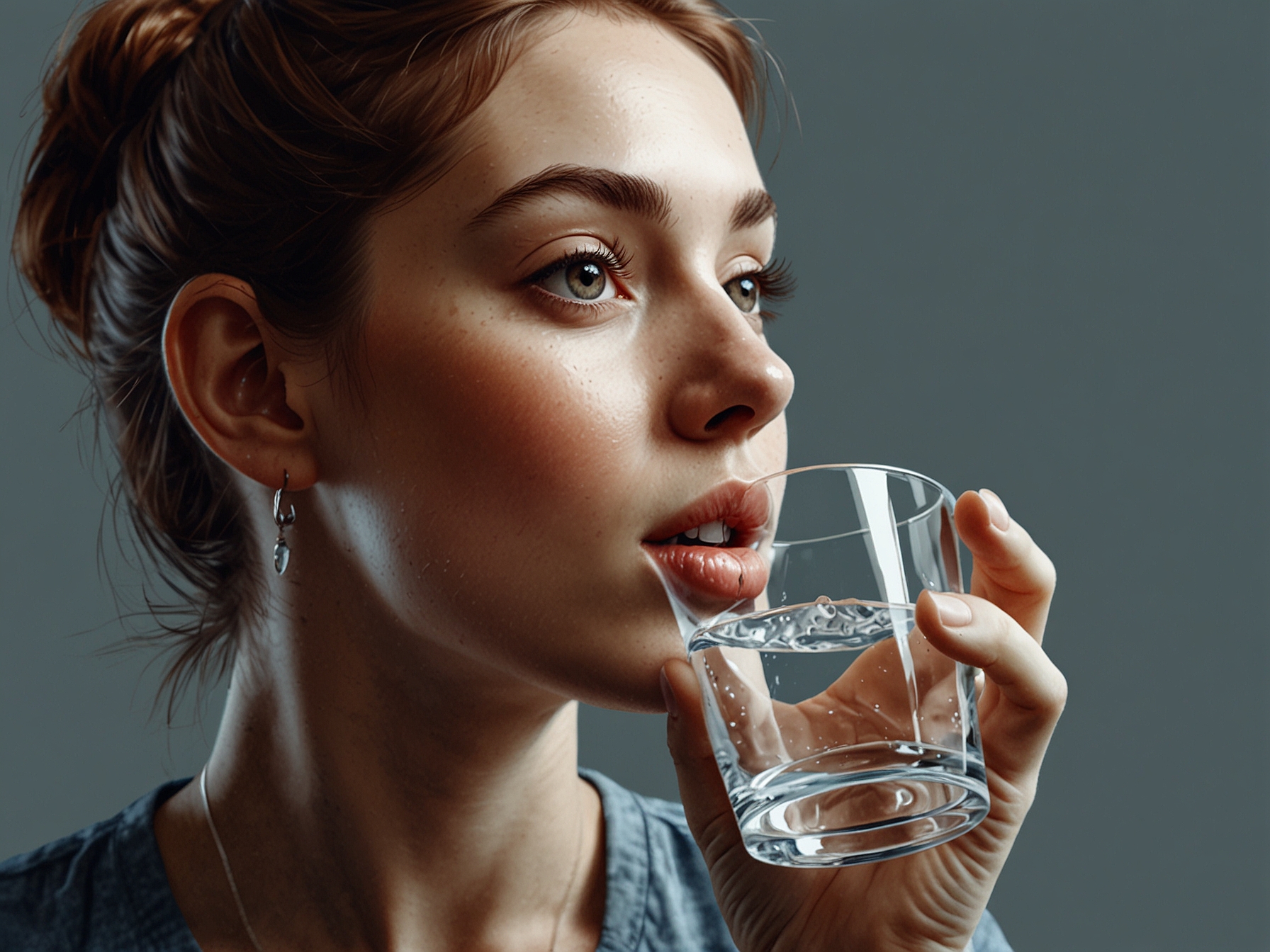 A close-up of a woman drinking a refreshing glass of water, emphasizing the importance of hydration for both body and hair health.