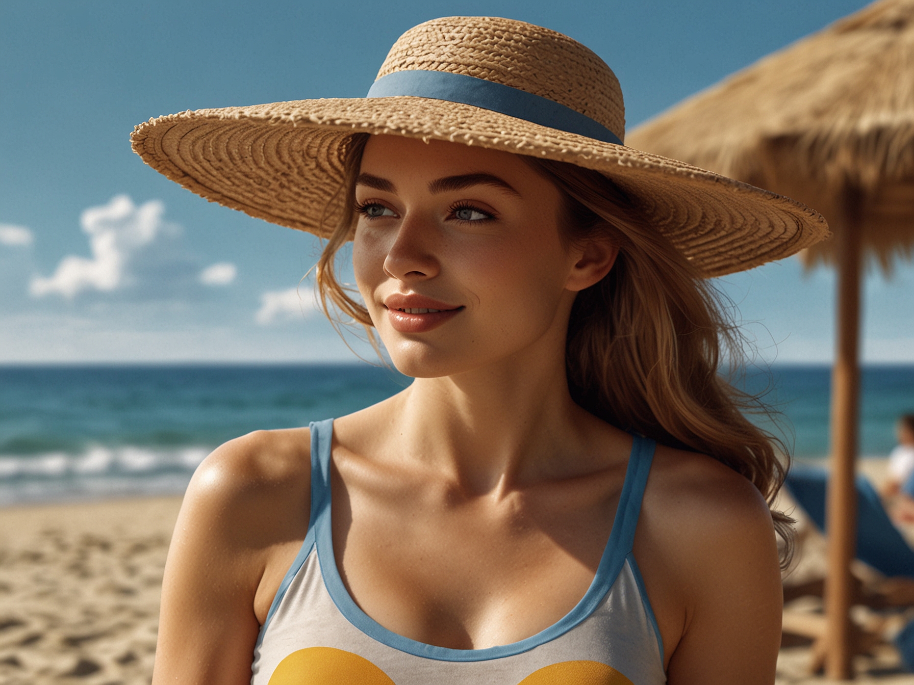 A summer beach setting with a woman applying sunscreen on her face, emphasizing the importance of sun protection in preventing skin damage.