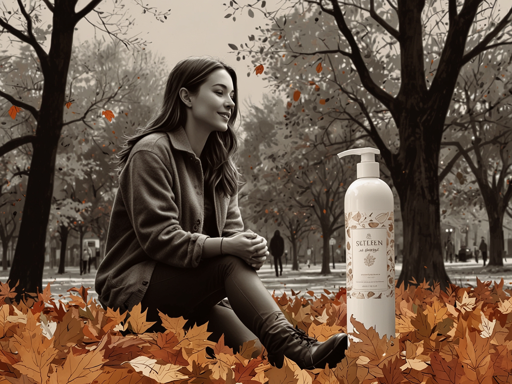 A cozy autumn setting with a woman using a rich body lotion to hydrate her skin while surrounded by falling leaves, depicting the changing seasons.