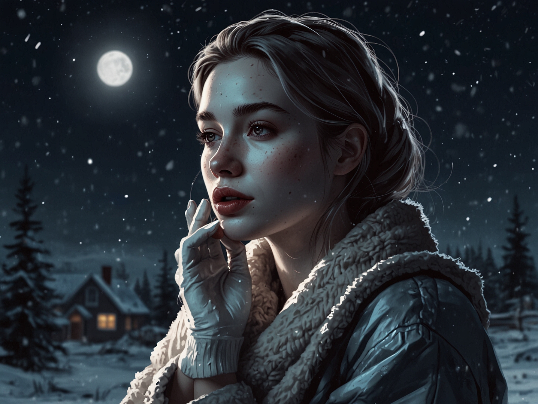 A winter night scene featuring a woman indulging in a thick cream application to combat dry skin, highlighting the need for intense hydration during cold days.