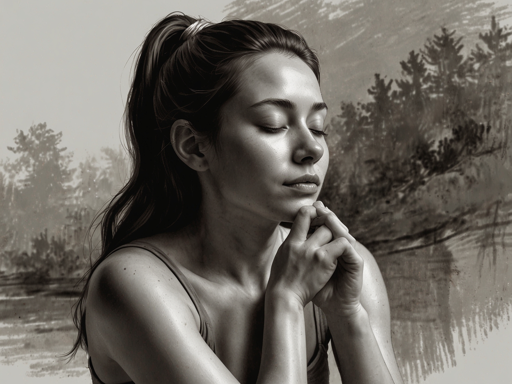 A tranquil moment of self-reflection with a woman meditating, illustrating the connection between emotional well-being and skincare routines.