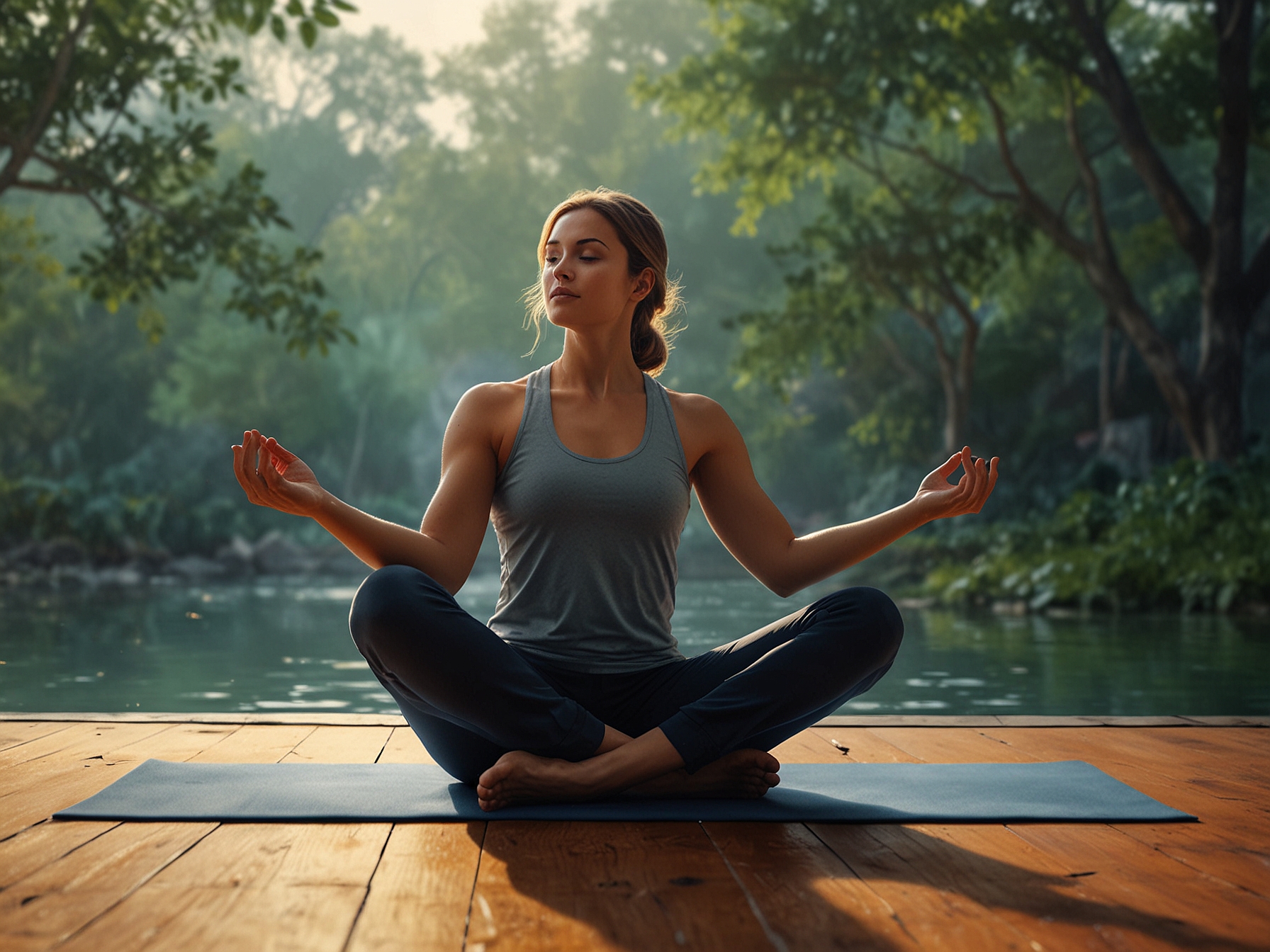 A serene scene of someone practicing yoga in a tranquil environment, showcasing the positive effects of regular physical activity on both body and mind, promoting relaxation and health.