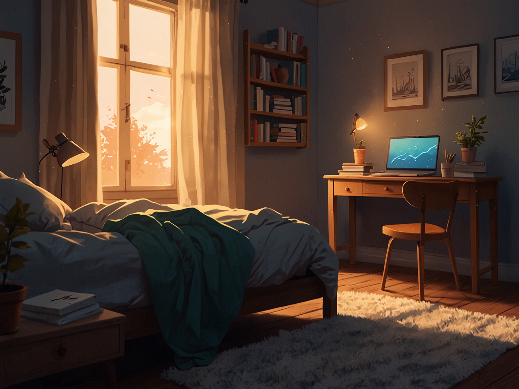 A cozy bedroom scene with a person reading a book under soft lighting, emphasizing the importance of mental wellness and self-care through activities like reading and meditation.