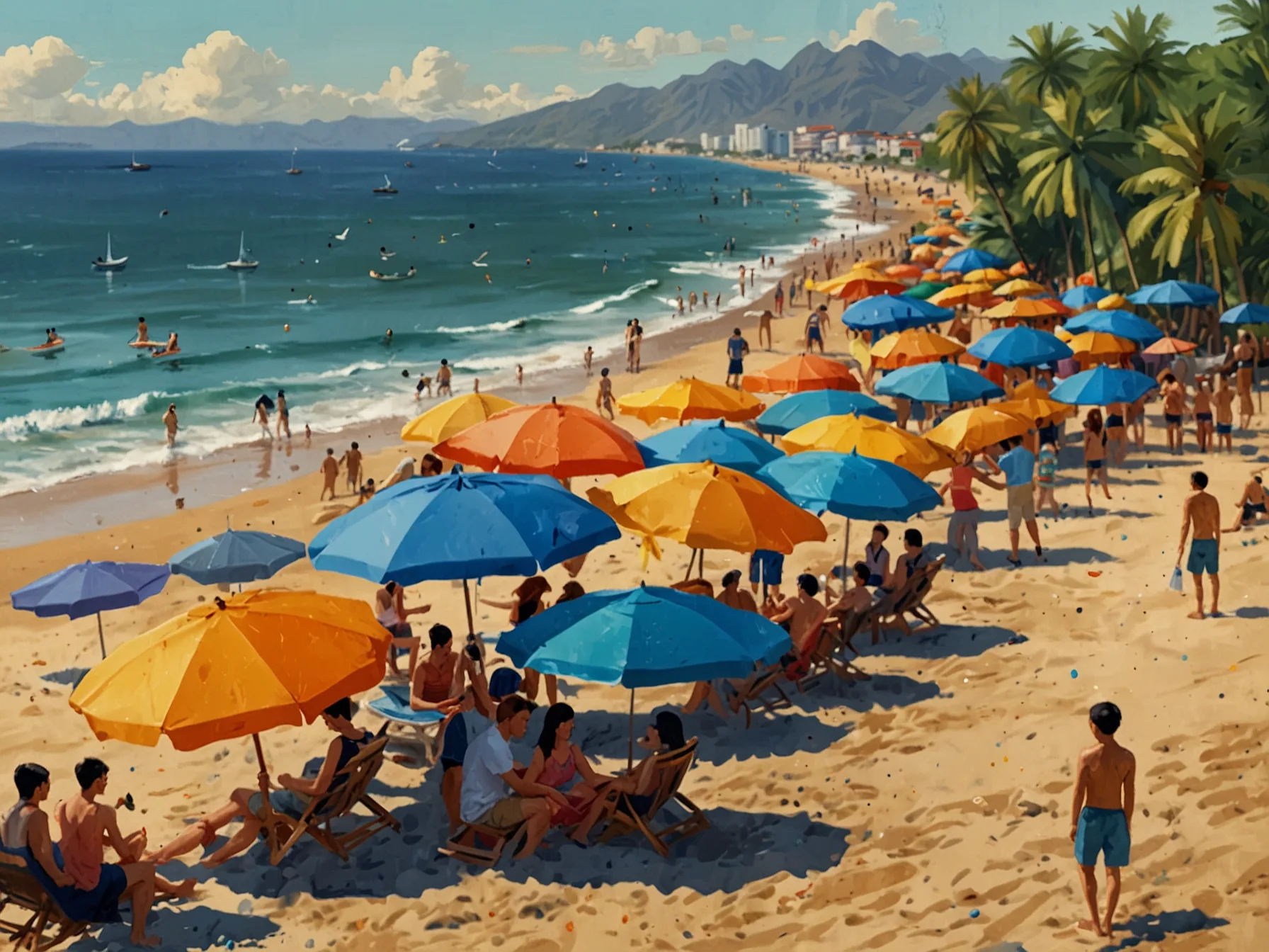 A lively beach scene at My Khe Beach in Da Nang, where vibrant umbrellas, sunbathers, and water sports capture the essence of a young and dynamic city.