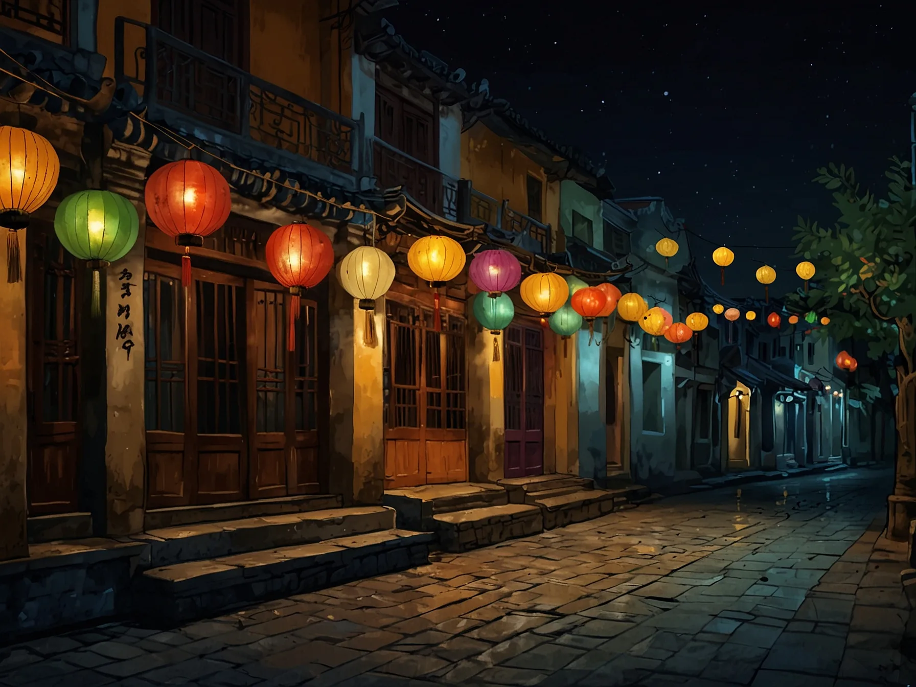 The ancient streets of Hoi An at night, illuminated by colorful lanterns, showcasing the charming architecture and inviting atmosphere of this historic town.