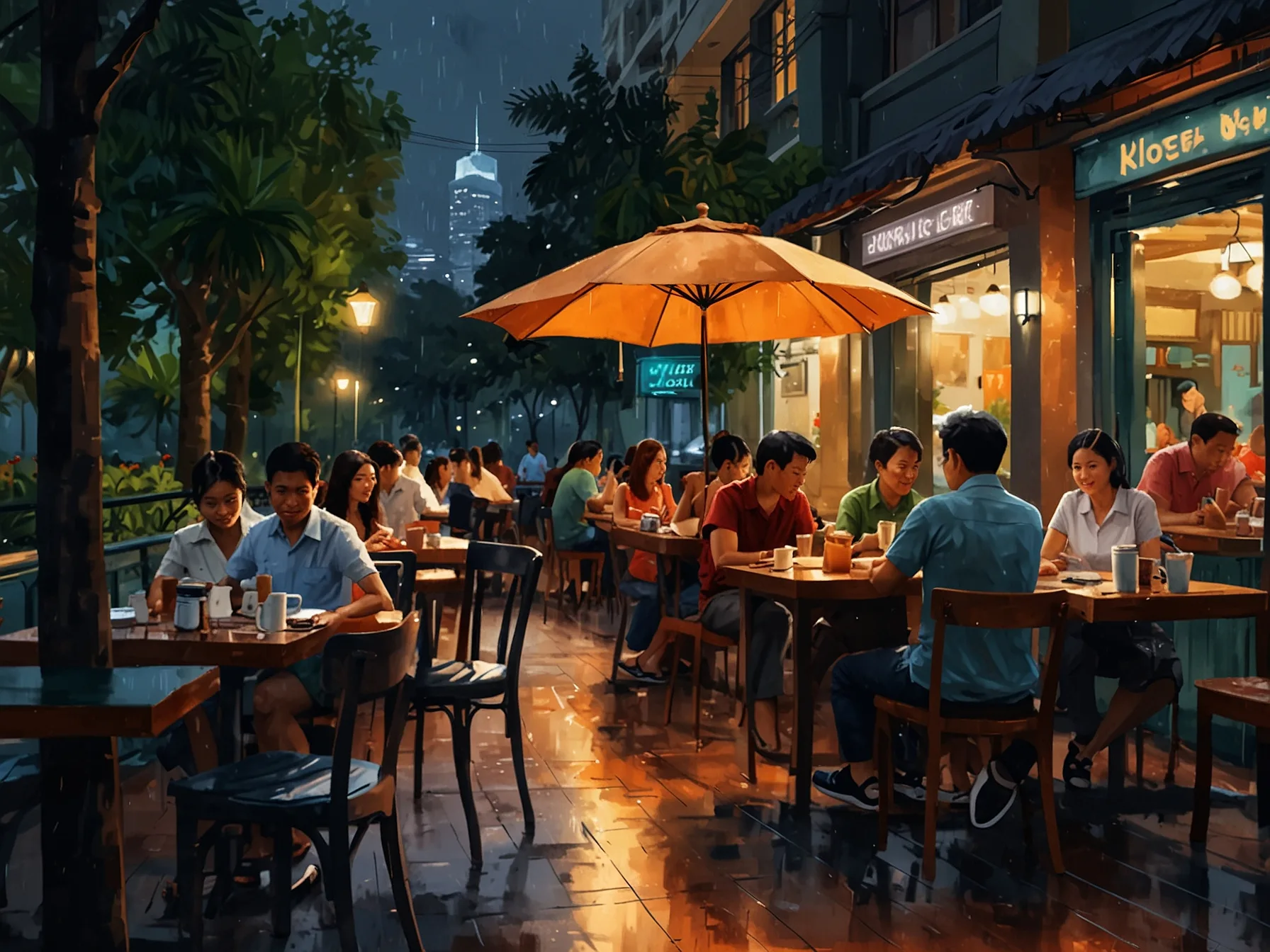 A bustling scene at a traditional coffee shop in Ho Chi Minh City, where locals enjoy iced coffee while the rain creates a unique urban vibe amidst modern skyscrapers.