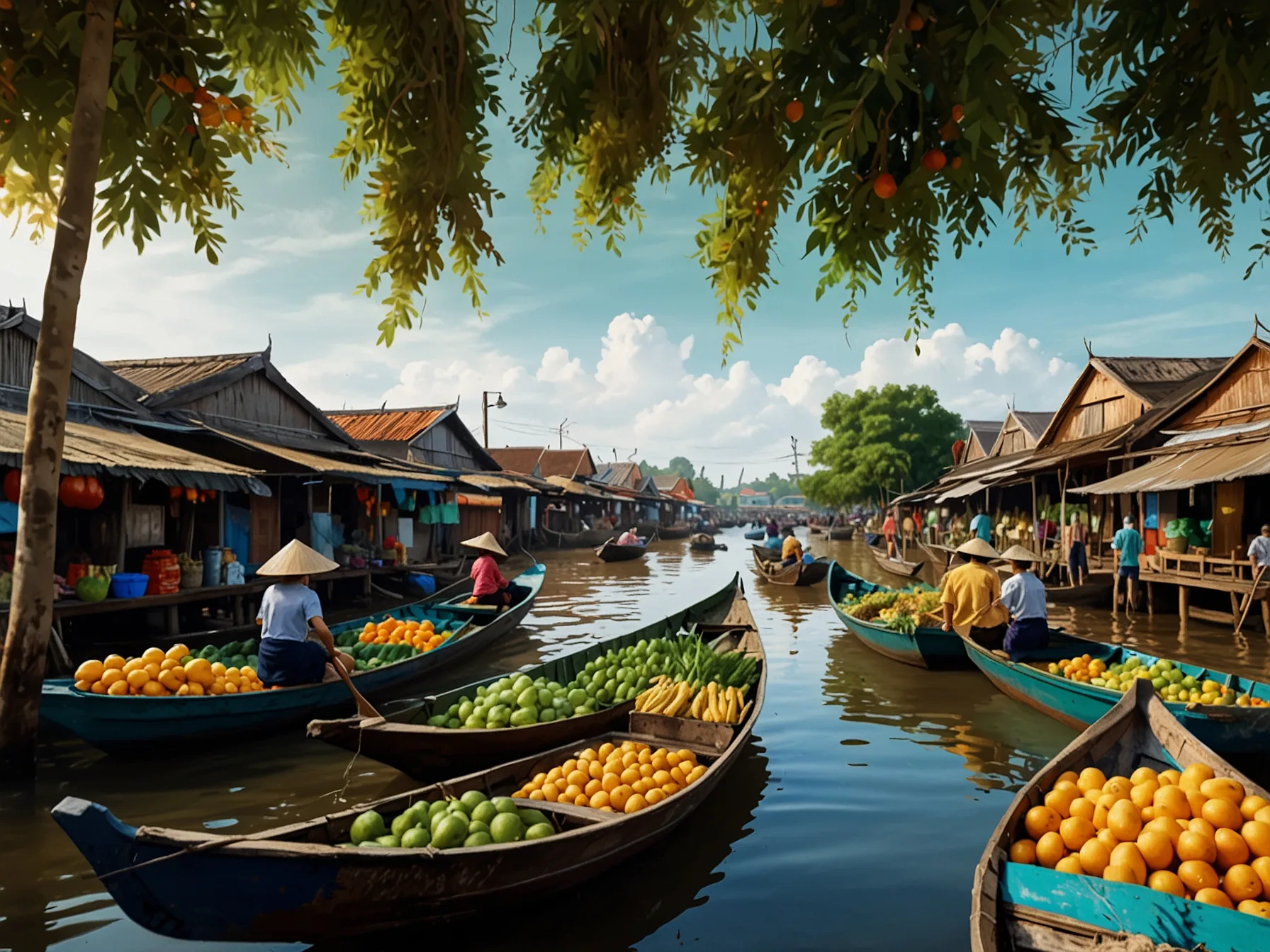 A picturesque view of Cai Rang Floating Market in Can Tho, with colorful boats filled with fresh fruits, embodying the vibrant culture and lifestyle of the Mekong Delta.
