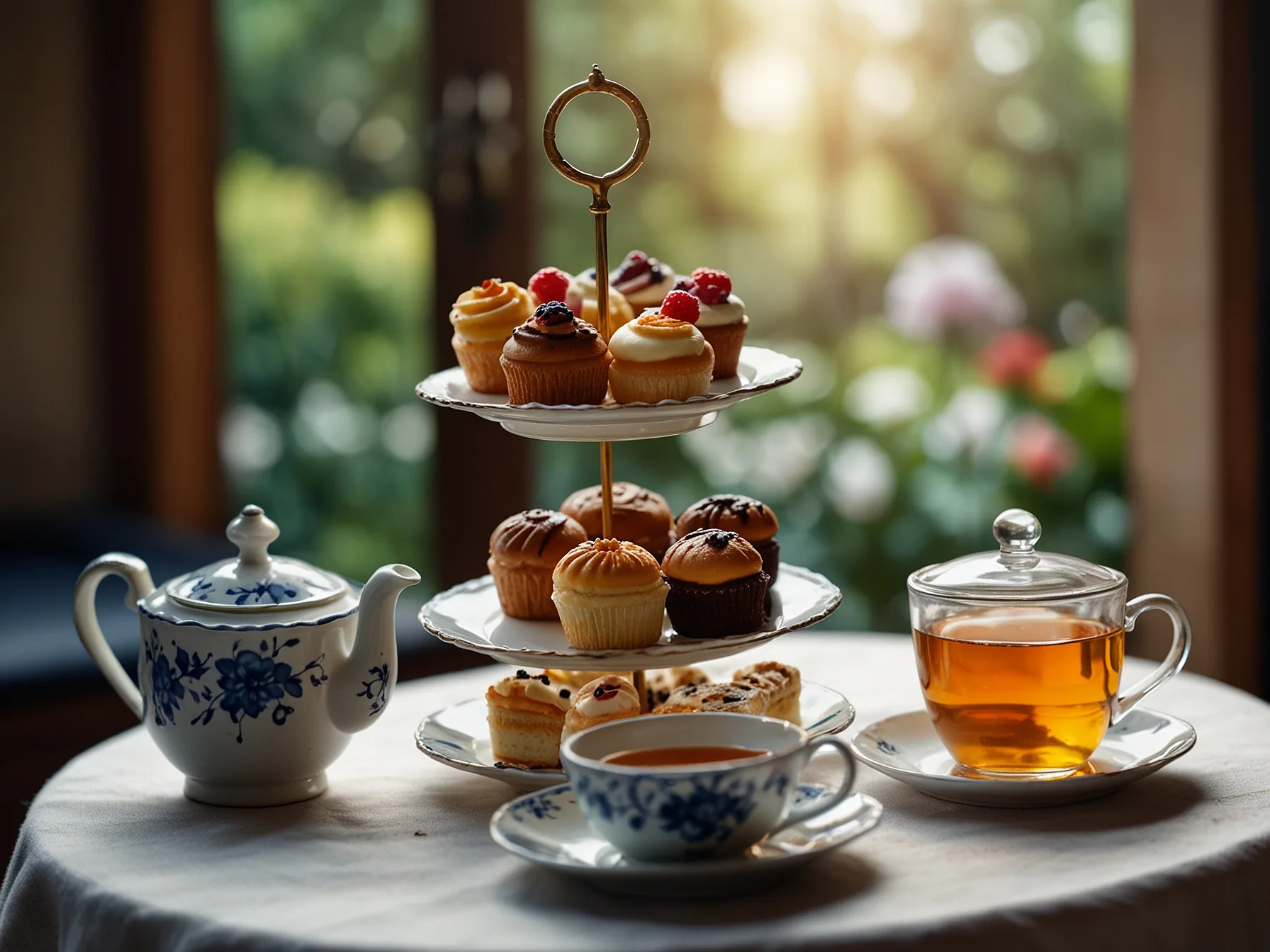 A close-up of a beautifully arranged tea set with a variety of teas, pastries, and cakes, inviting people to indulge in delightful flavors while enjoying harmonious conversations.