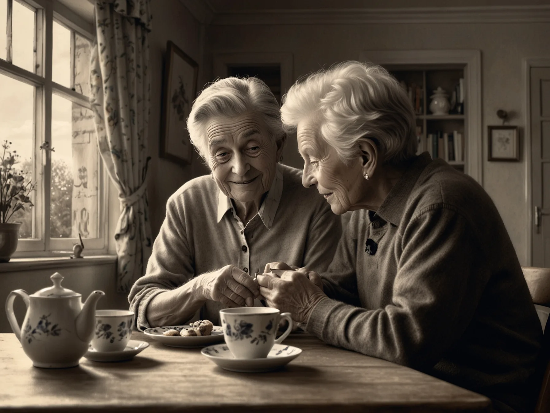 An elderly person sharing a story with a younger friend over tea, showing the importance of wisdom and guidance that flows through generations during afternoon tea moments.