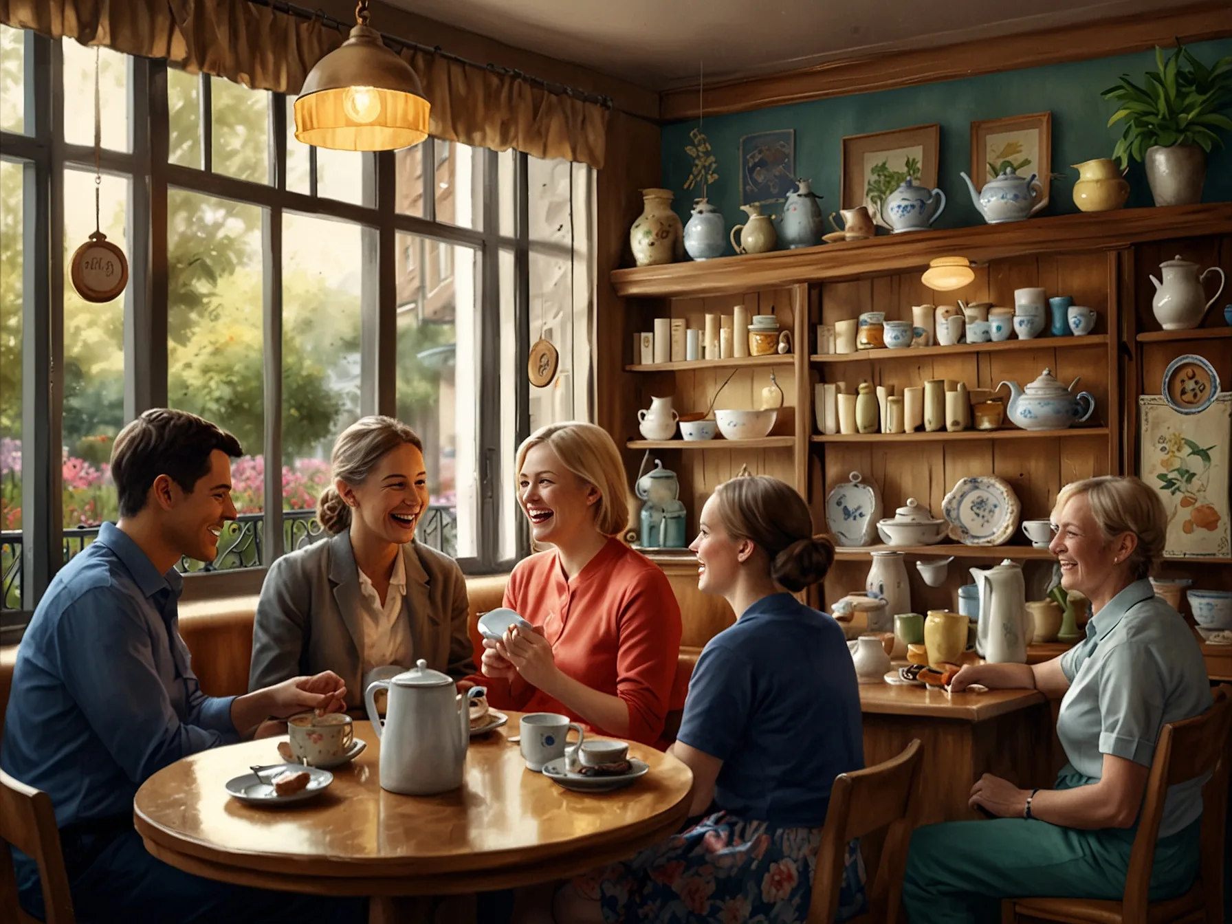 A bustling tea shop filled with cheerful conversations, soft laughter, and the aroma of freshly brewed tea, illustrating the vibrant culture around afternoon tea gatherings.