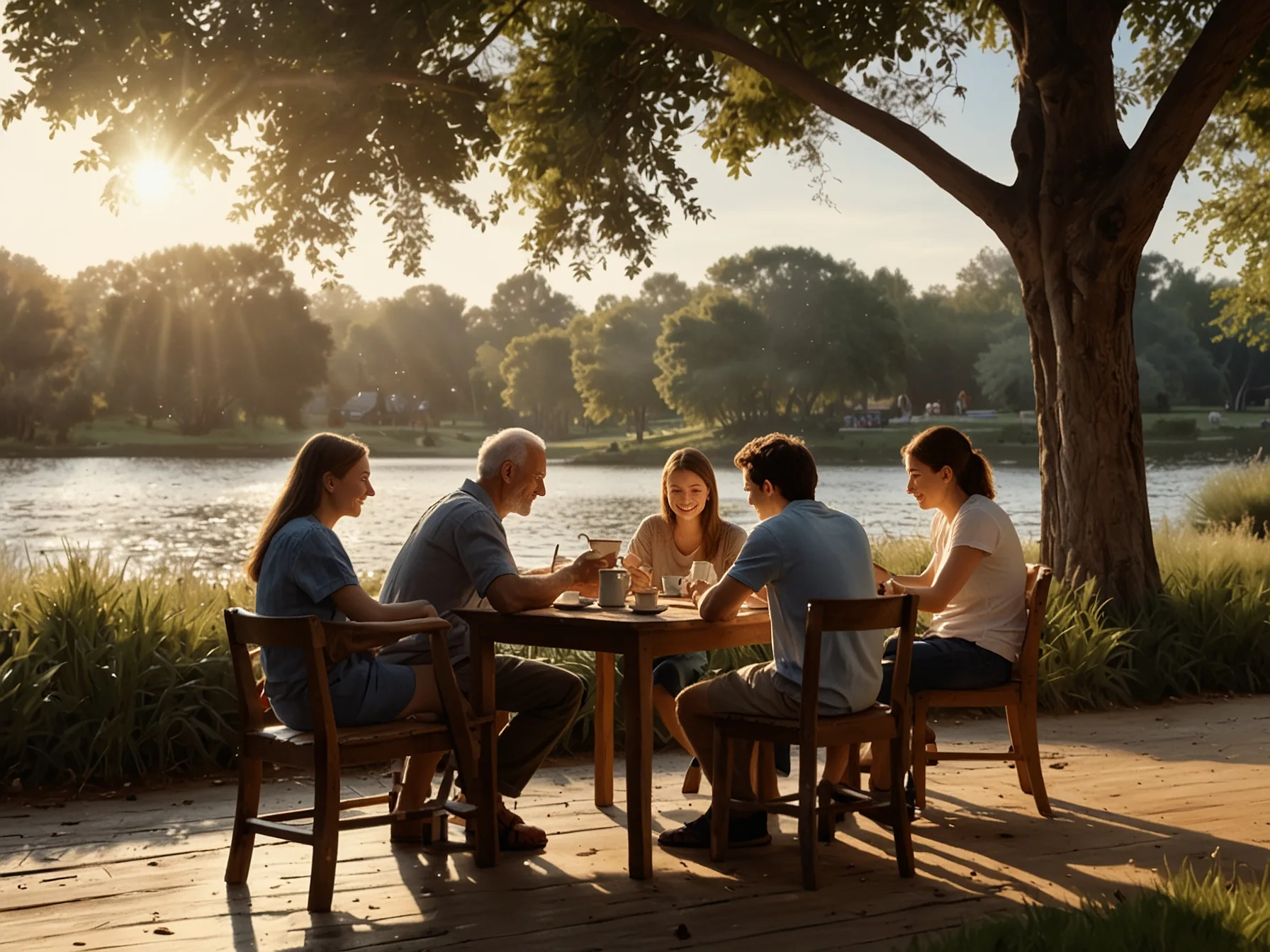 A serene outdoor setting with friends seated at a wooden table enjoying tea together under the warm afternoon sun, creating lasting memories and connections with each sip.