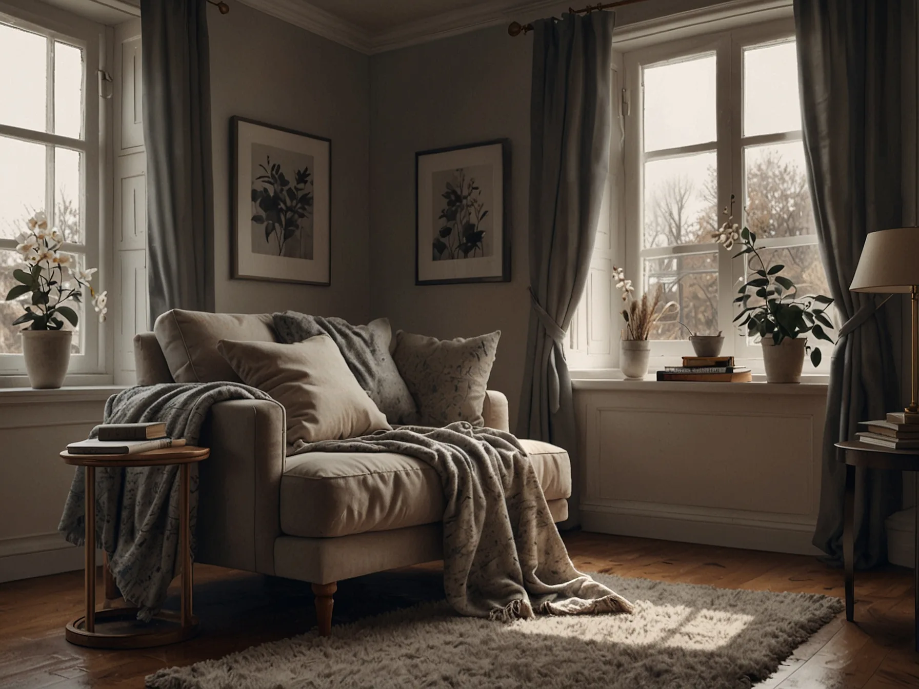 An interior shot showcasing a cozy reading nook with cushions and a soft throw blanket, emphasizing comfort and tranquility in home decor.