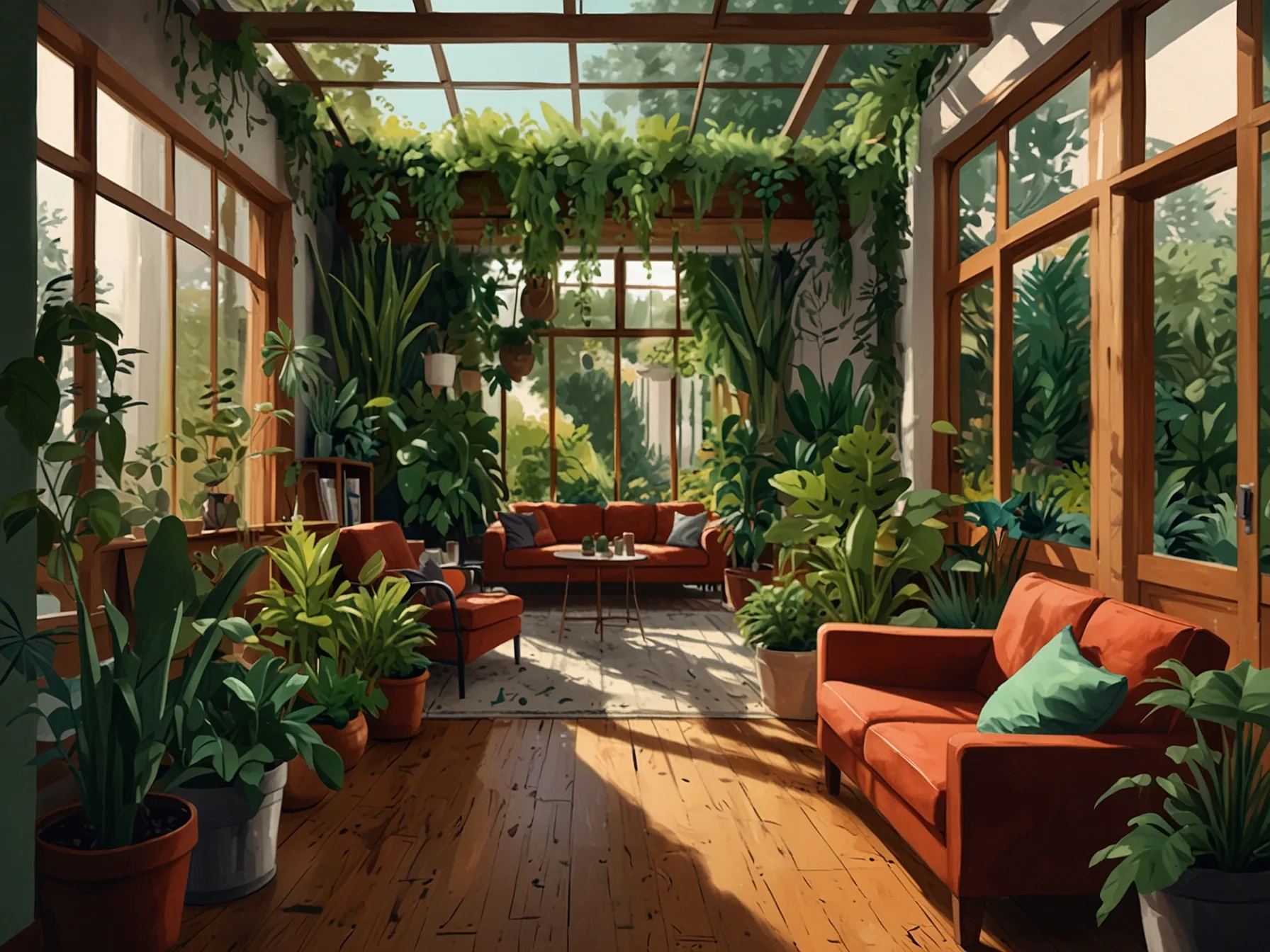 A vibrant indoor garden filled with various plants placed strategically around a living space, showing the importance of greenery in creating a lively atmosphere.