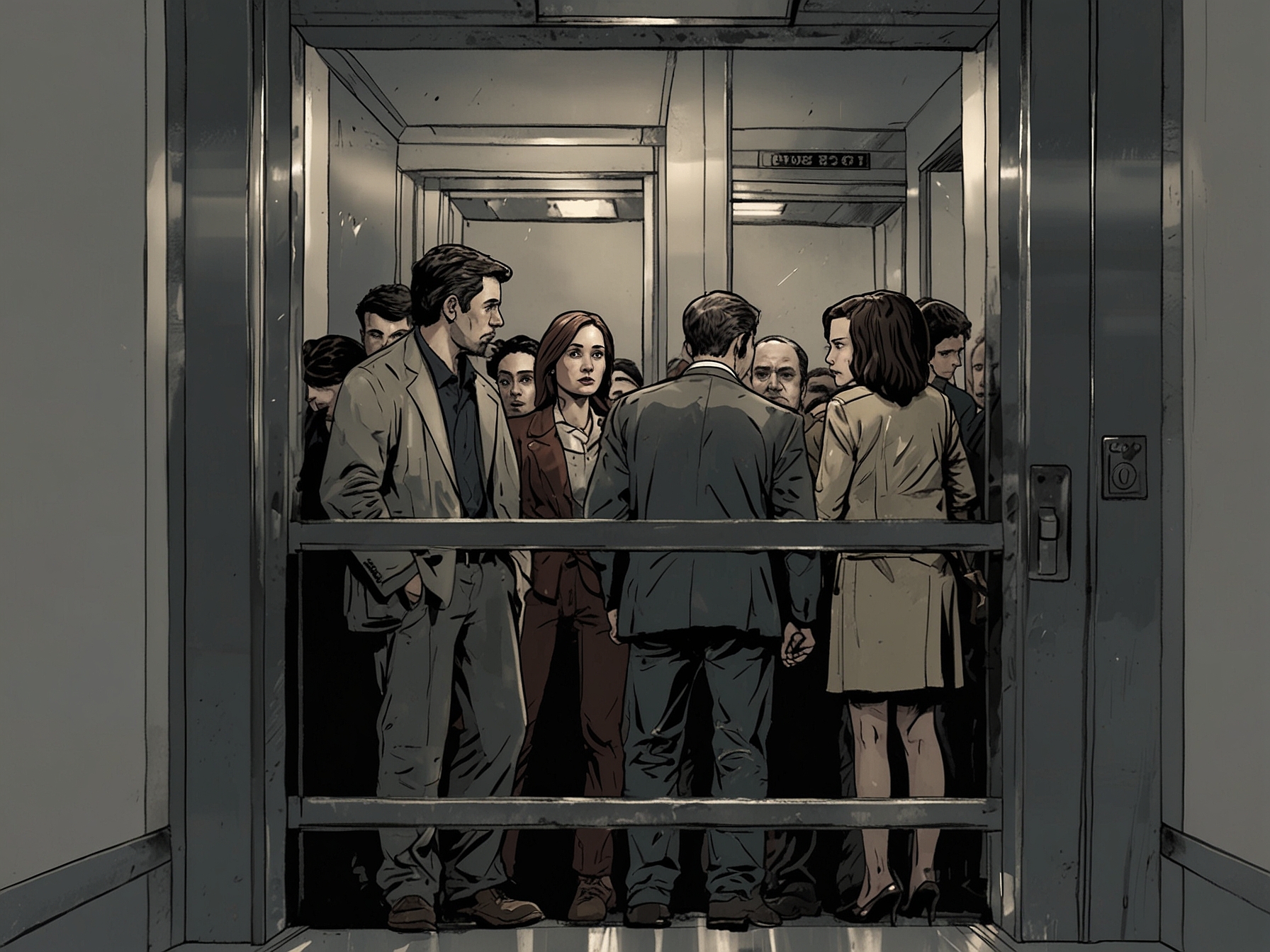 A tense scene in an elevator showing diverse characters experiencing a crisis together, illustrating the unique premise of the film 'Thang máy', emphasizing human emotions in confined spaces.