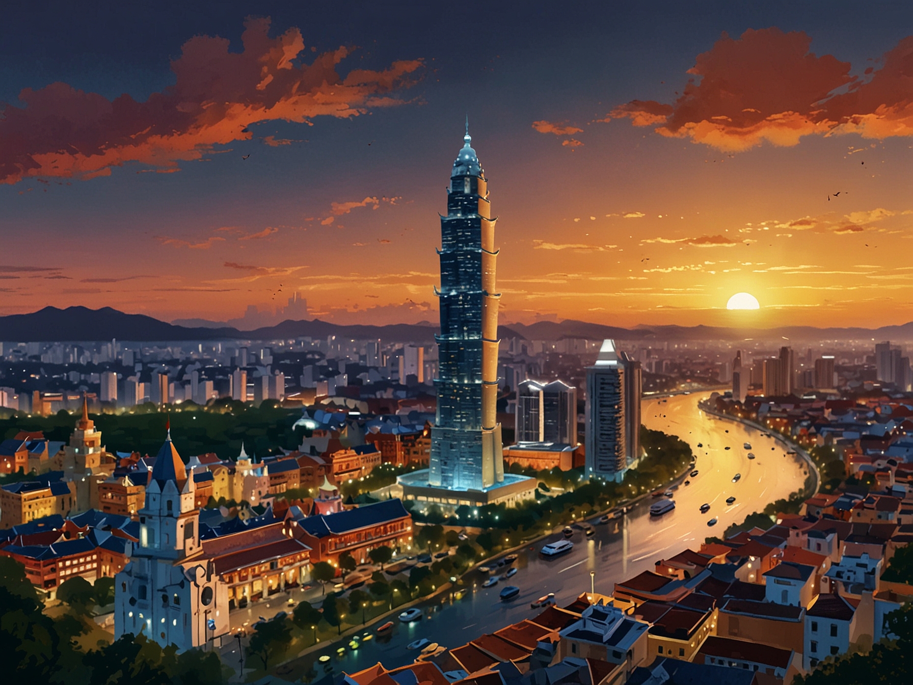 A beautiful skyline of Sài Gòn at sunset from 'Sài Gòn, Anh Yêu Em', showcasing the charm of the city and its vibrant lifestyle, inviting the audience to explore its culture.