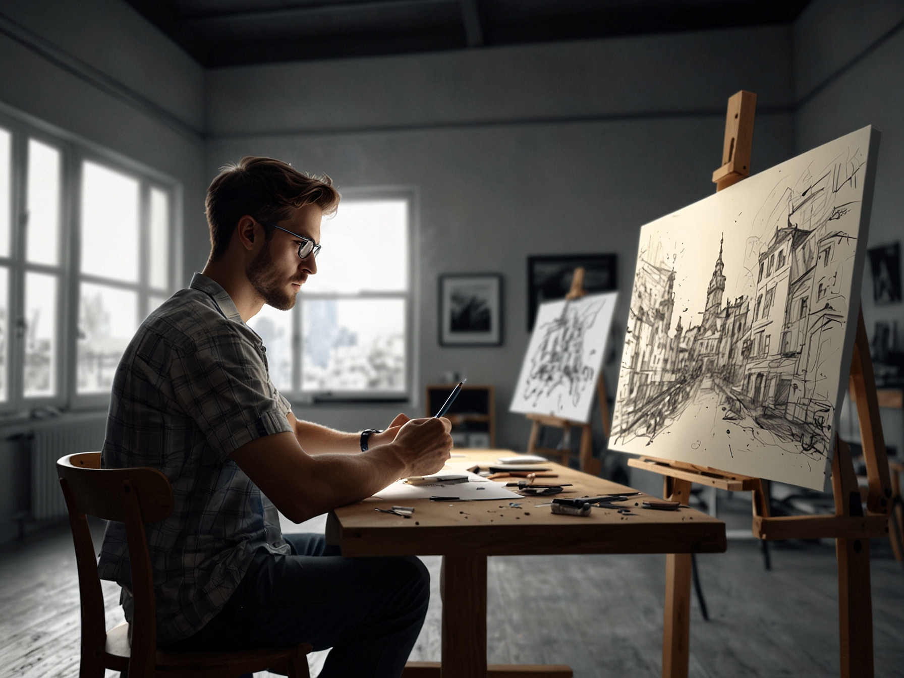 An artist engaged in a digital art creation in a modern studio, highlighting the impact of technology on artistic expression and the new avenues it provides for creativity.