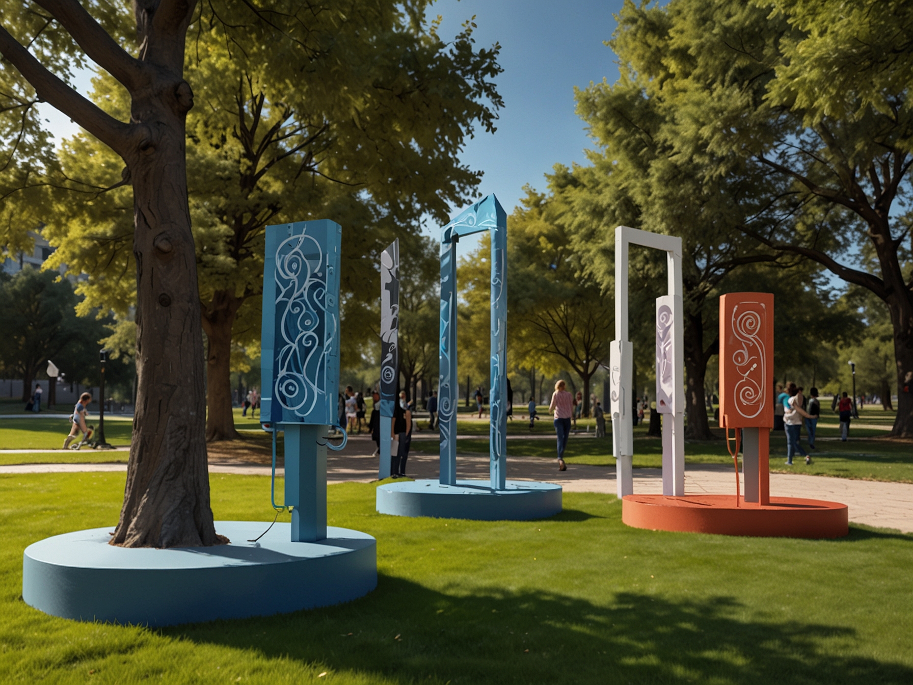 A public art installation in a park, inviting people to interact, symbolizing the role of art in community building and cultural connection among diverse audiences.