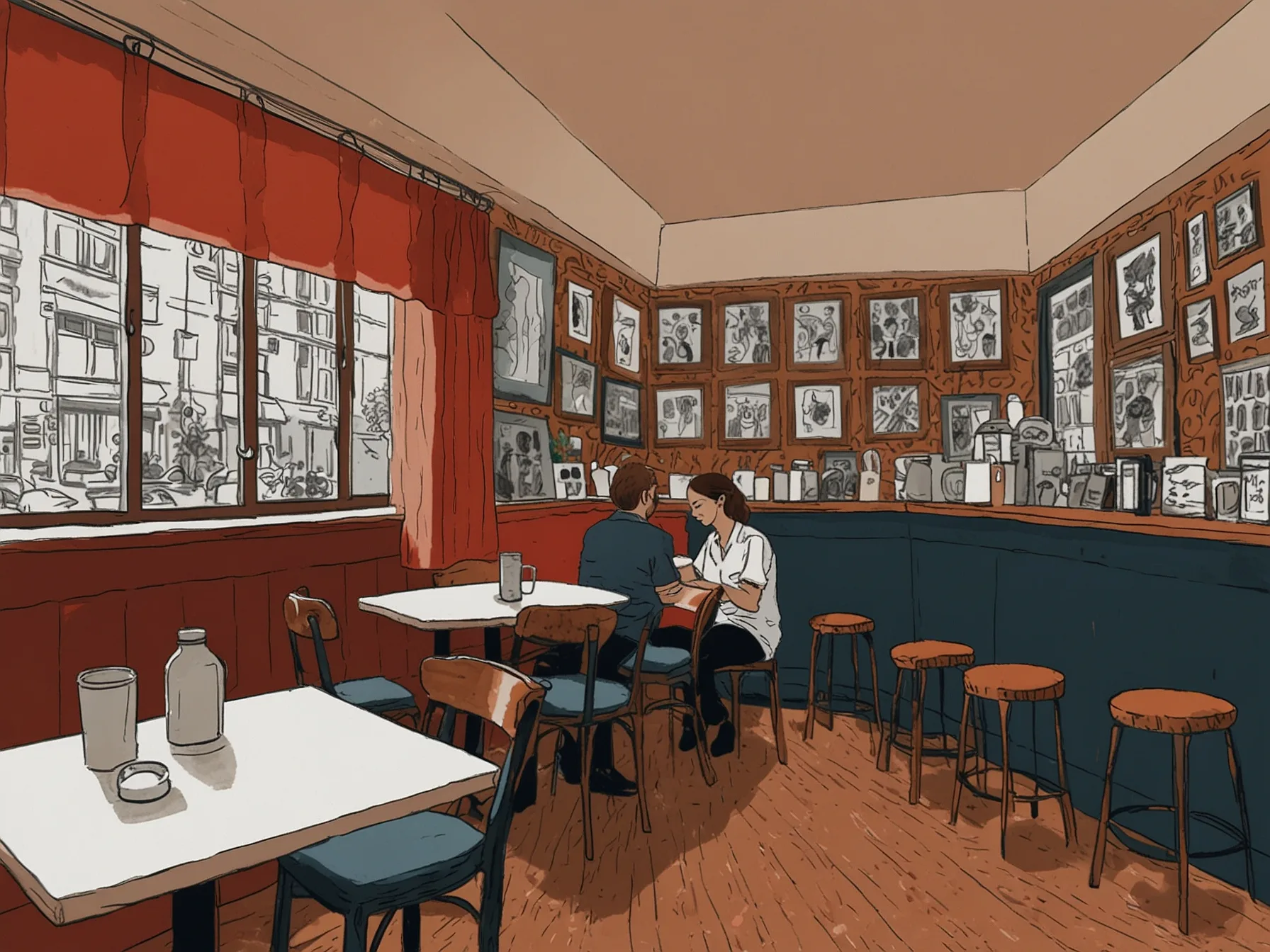 An intimate live music performance in a small café, where art and everyday life intertwine, illustrating the accessibility and presence of art in our daily experiences.