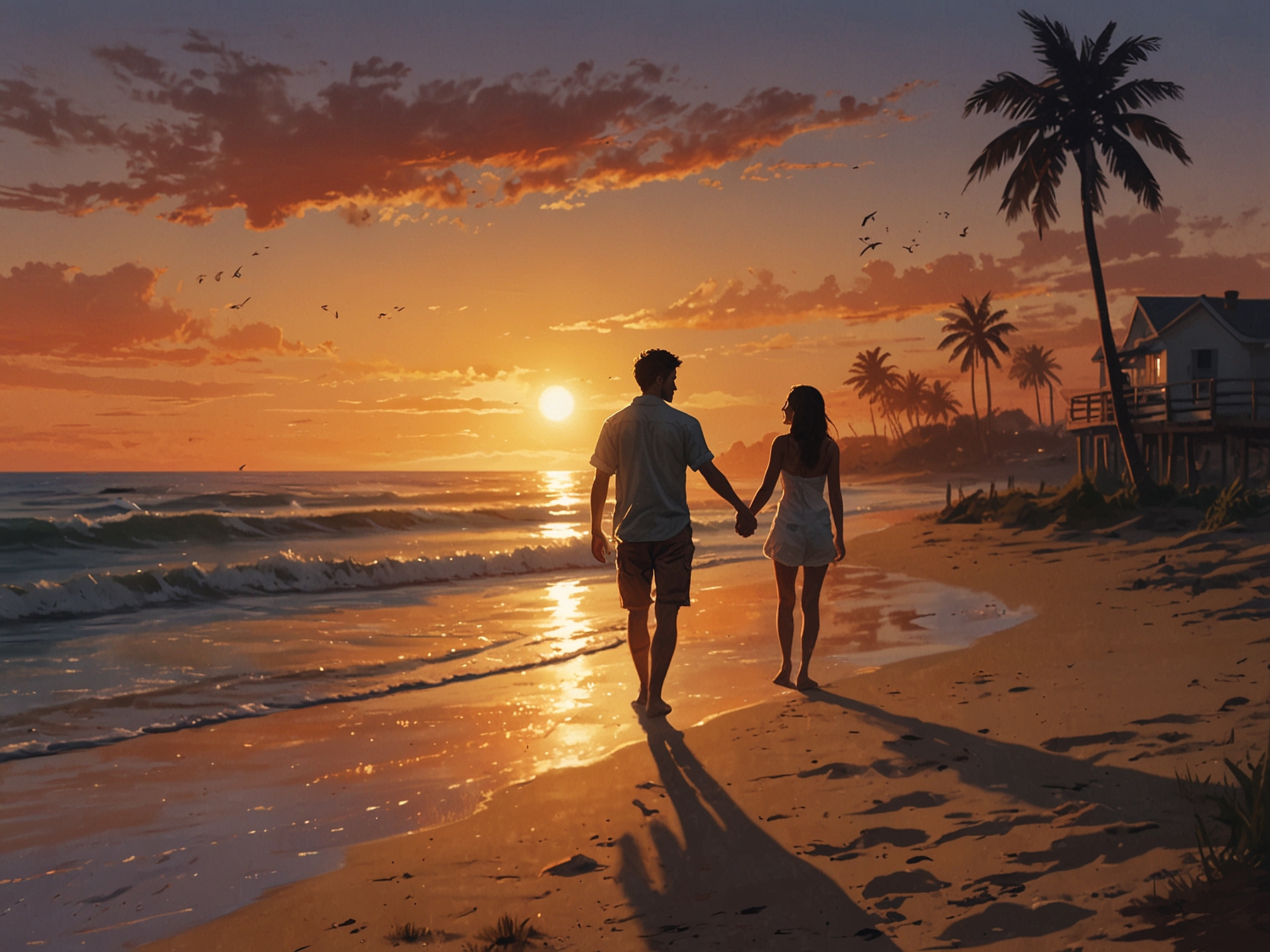 A romantic scene at a sunset beach where one person is playfully teasing the other, showcasing the charm of connection through eye contact.