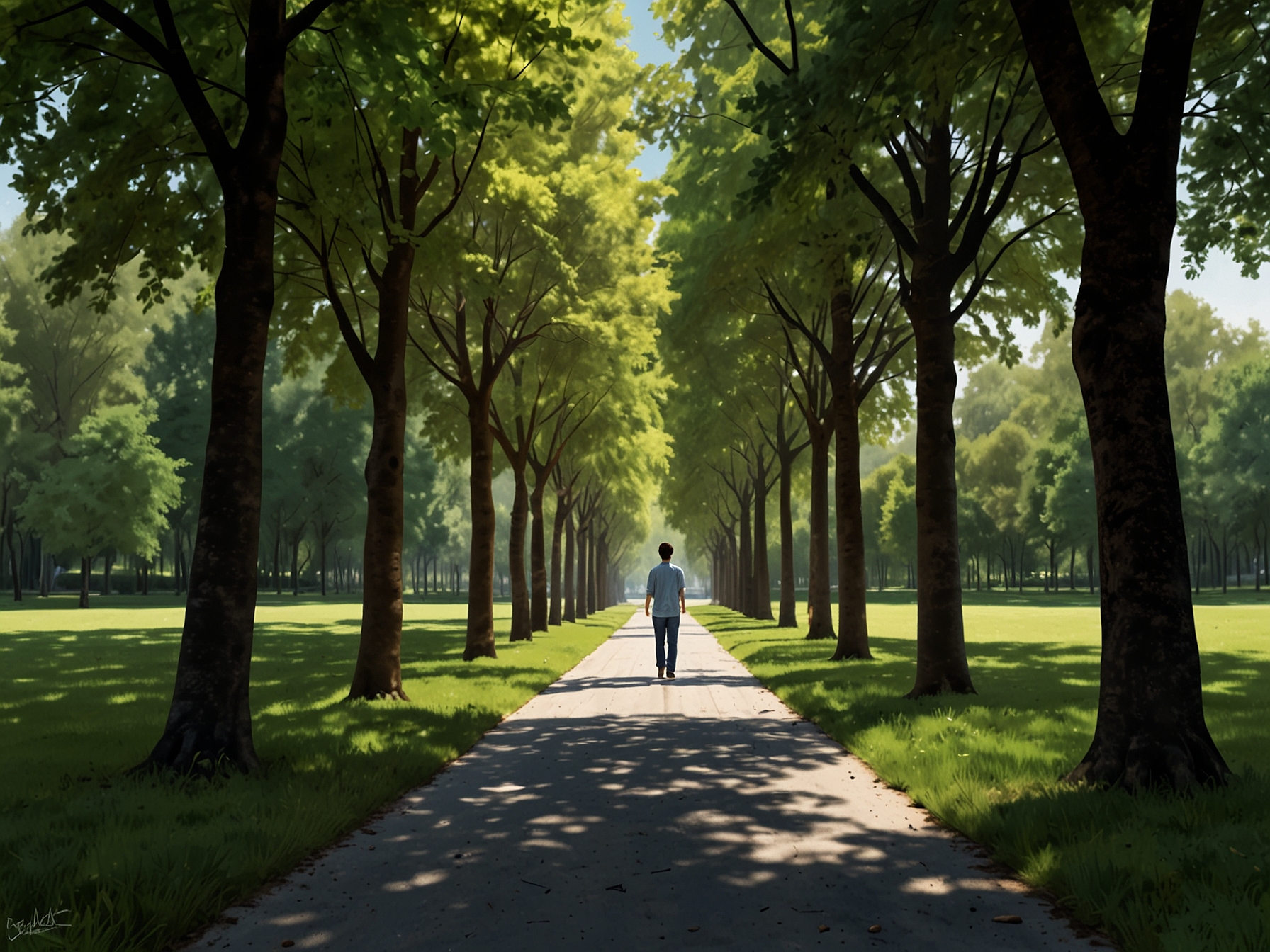 A serene park scene with a person walking slowly under lush green trees, symbolizing the healing power of nature amidst life's emotional waves and burdens.