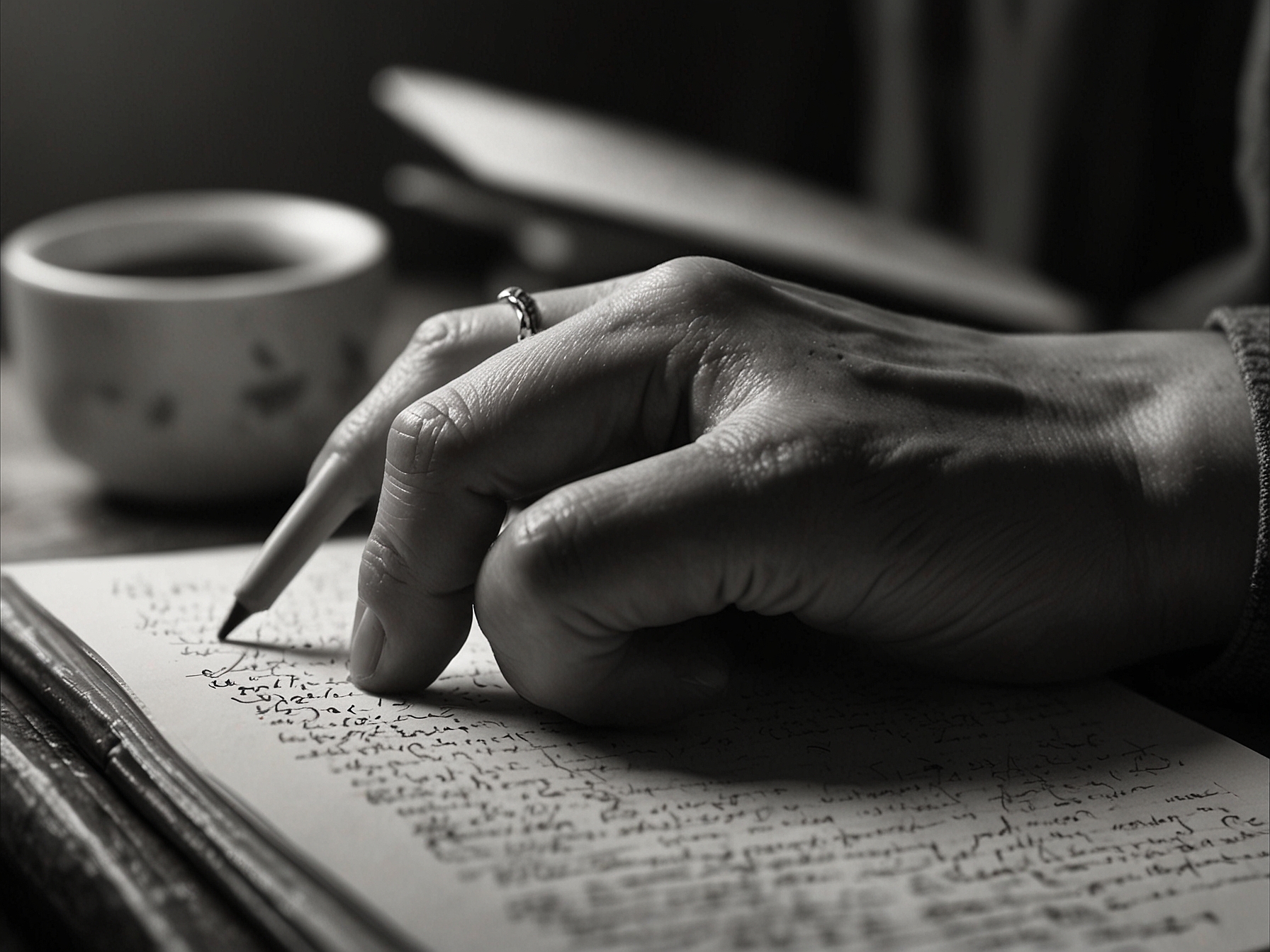 A close-up of hands writing in a journal, capturing feelings and thoughts, representing catharsis and the importance of self-reflection when dealing with sadness.