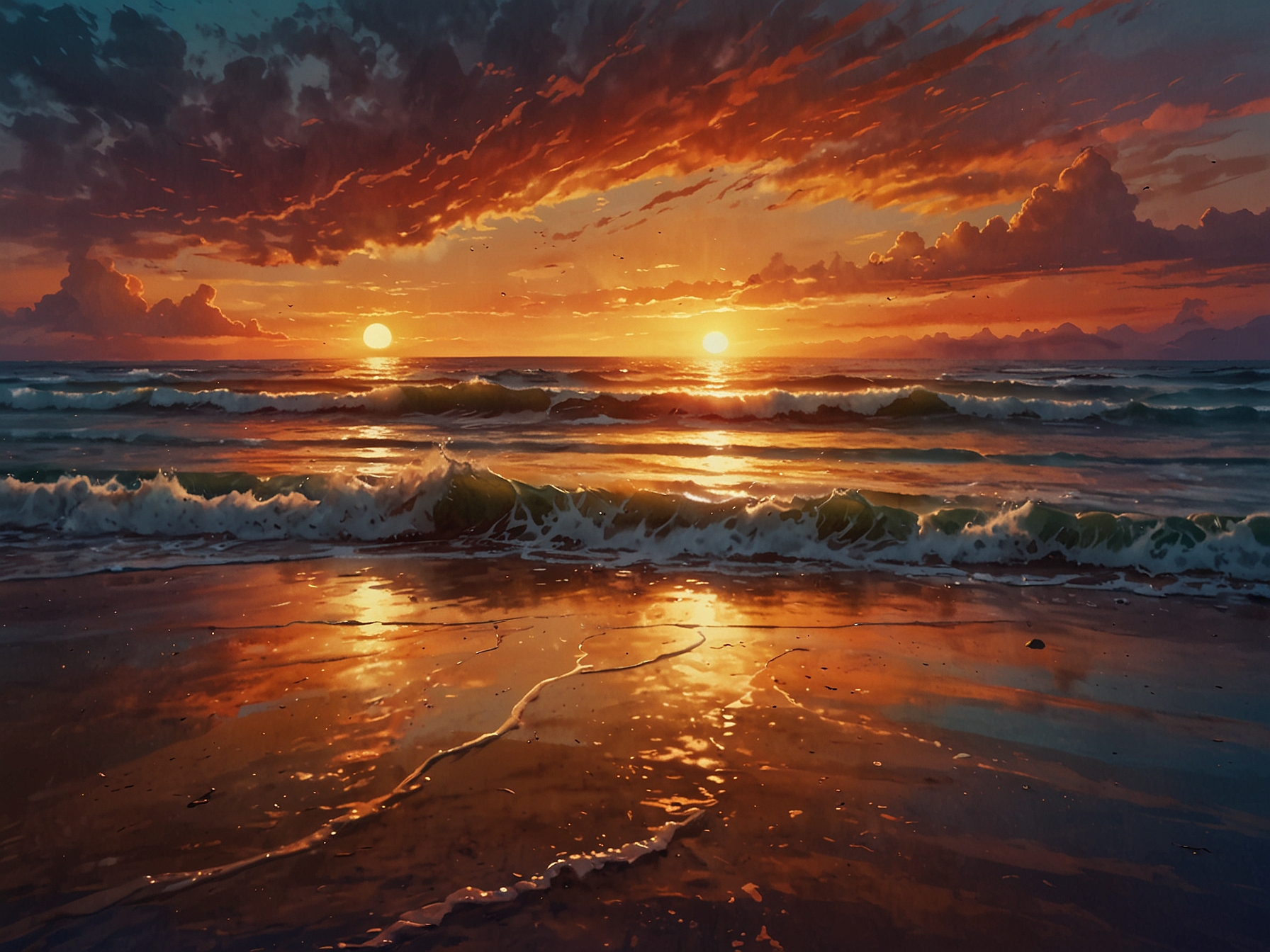 A colorful sunset over a calm beach, with waves gently lapping at the shore, embodying hope and the idea that brighter days will come after a storm of emotions.