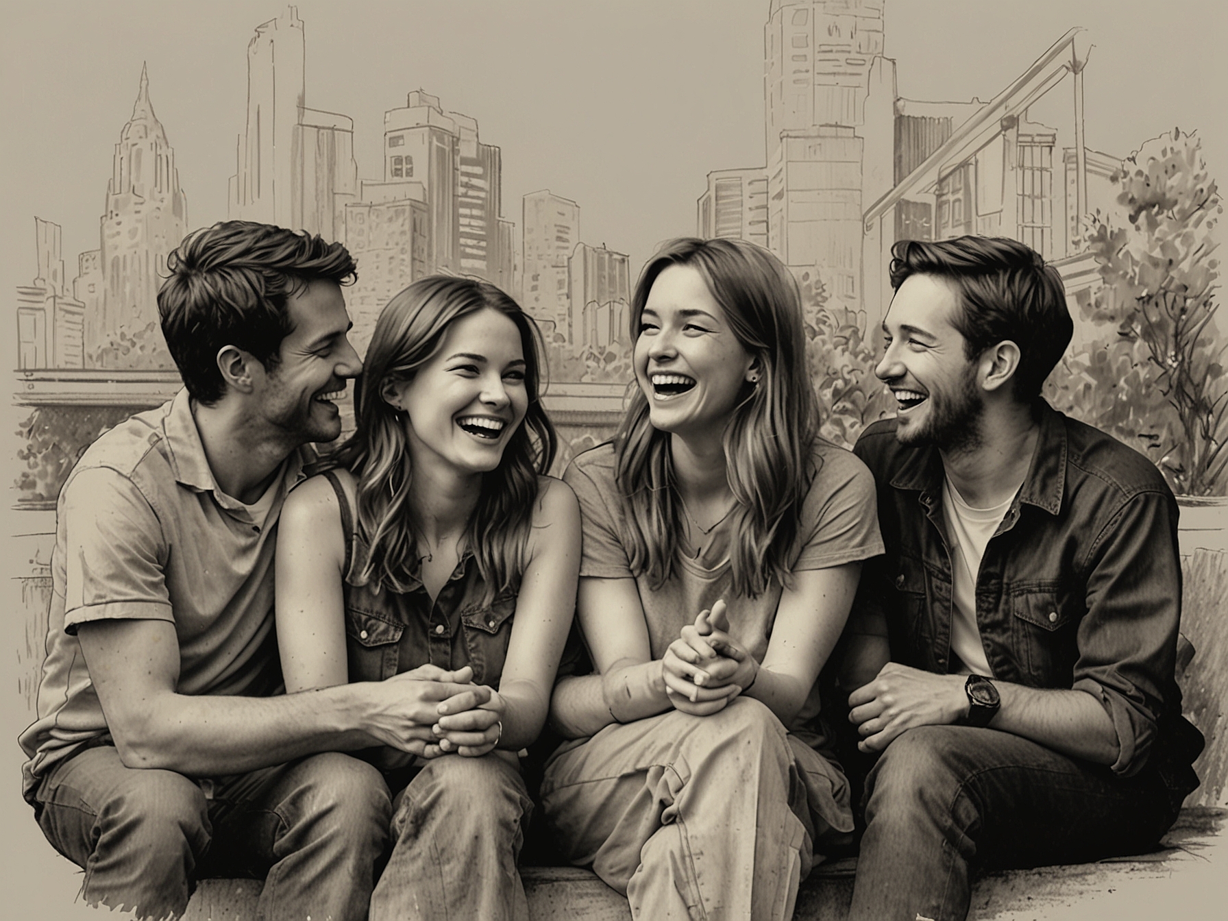 A group of friends sitting together laughing and sharing stories, illustrating the importance of connection and support during difficult emotional times.