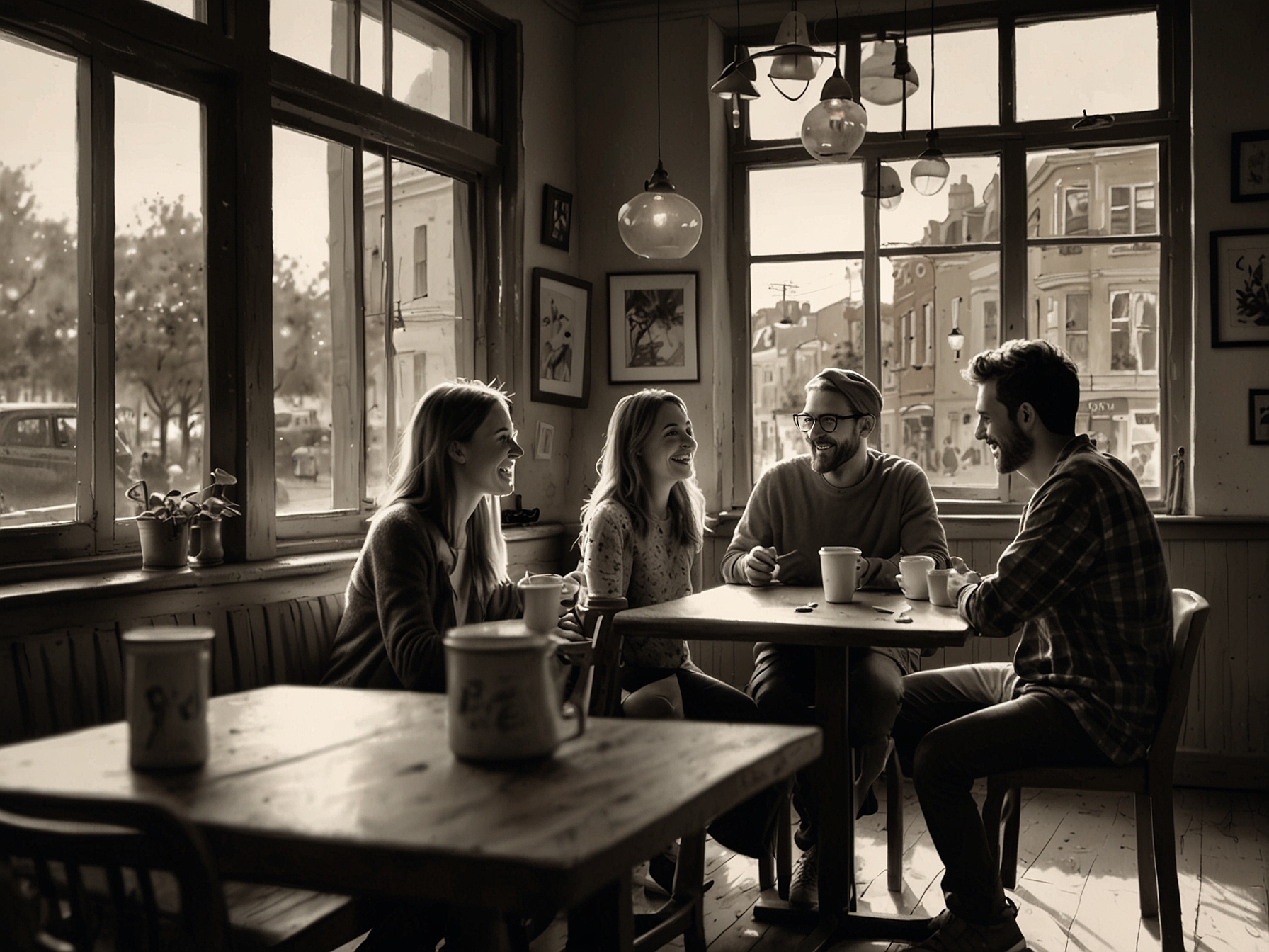 A cozy coffee shop setting with friends laughing and sharing stories over coffee, representing the joy of simple moments and connection in everyday life.