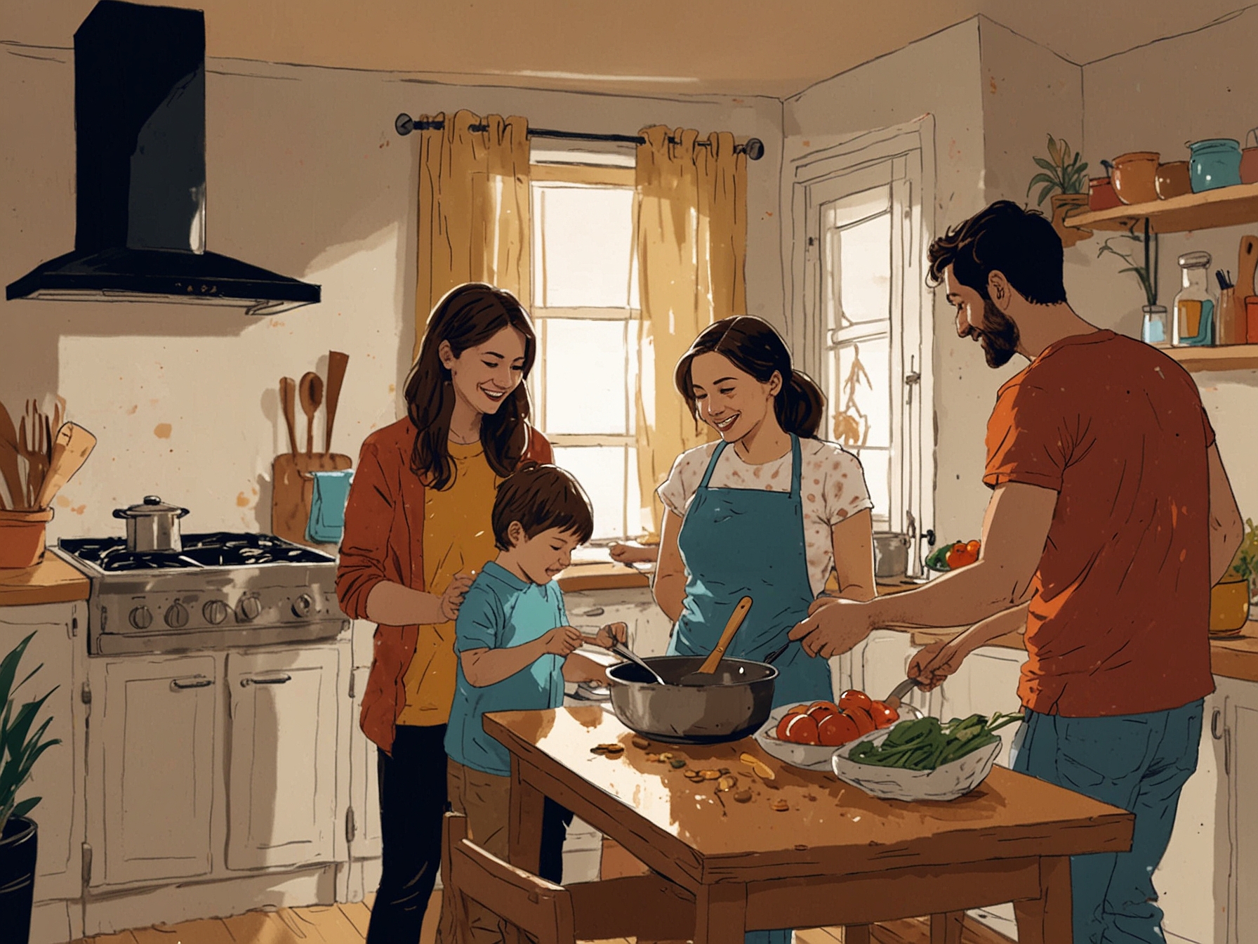 A family cooking together in a warm kitchen, illustrating the happiness derived from shared activities and the value of togetherness in a beautiful life.