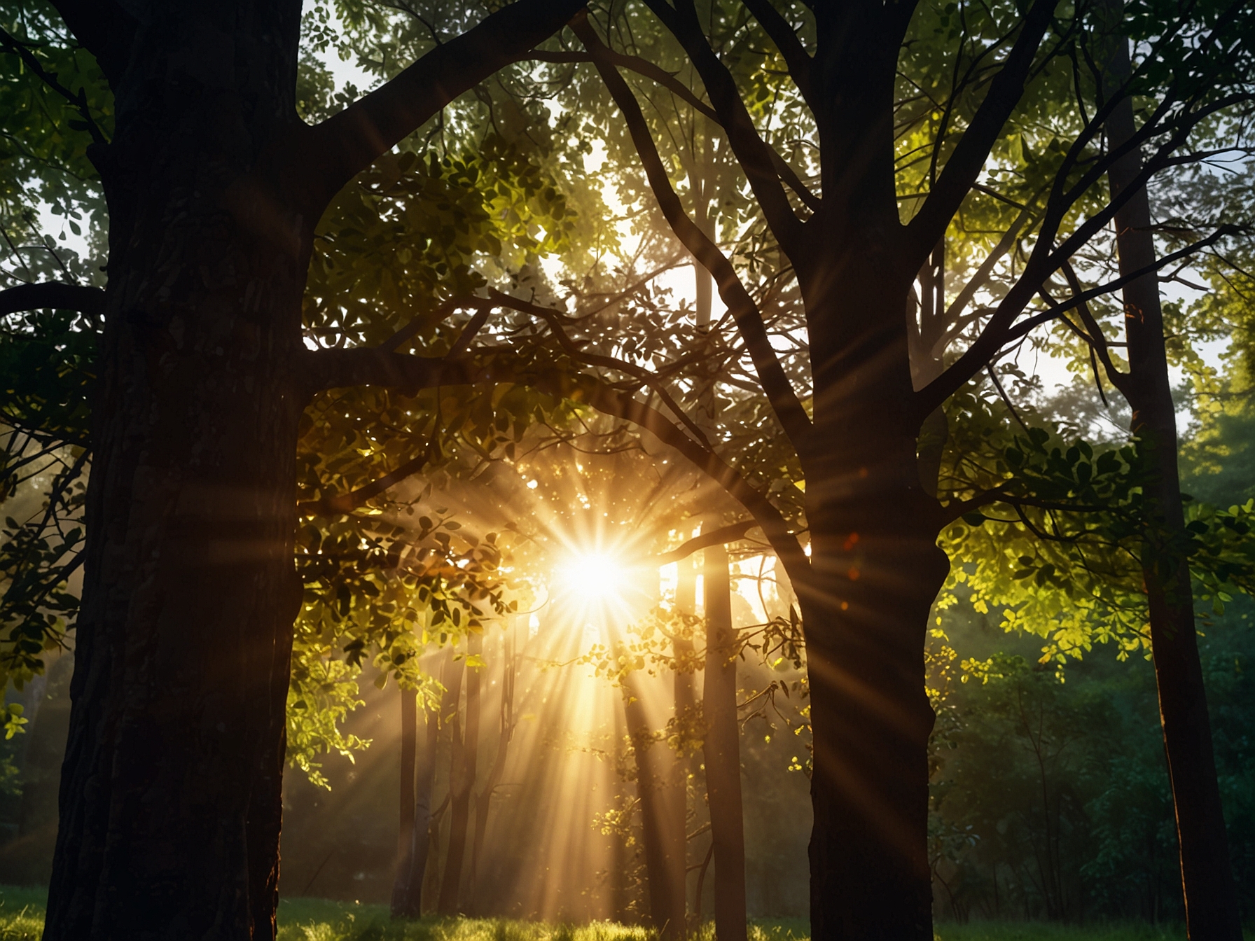 A breathtaking view of sunlight streaming through tree branches, symbolizing the small beauties in life that can bring joy and contentment.