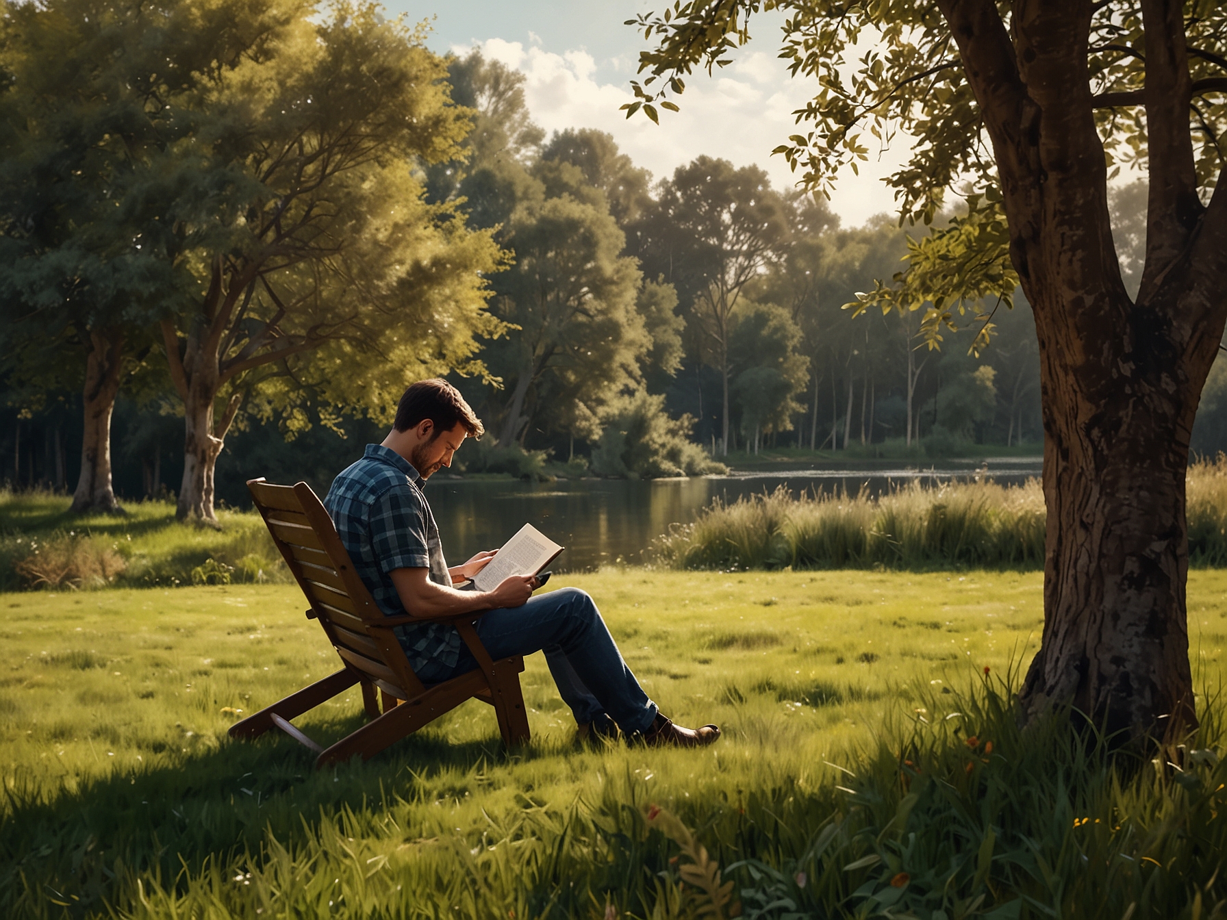 A person reading a book in a tranquil setting, enjoying a moment of solitude and relaxation, showcasing the importance of self-care and finding peace amidst life's hustle.