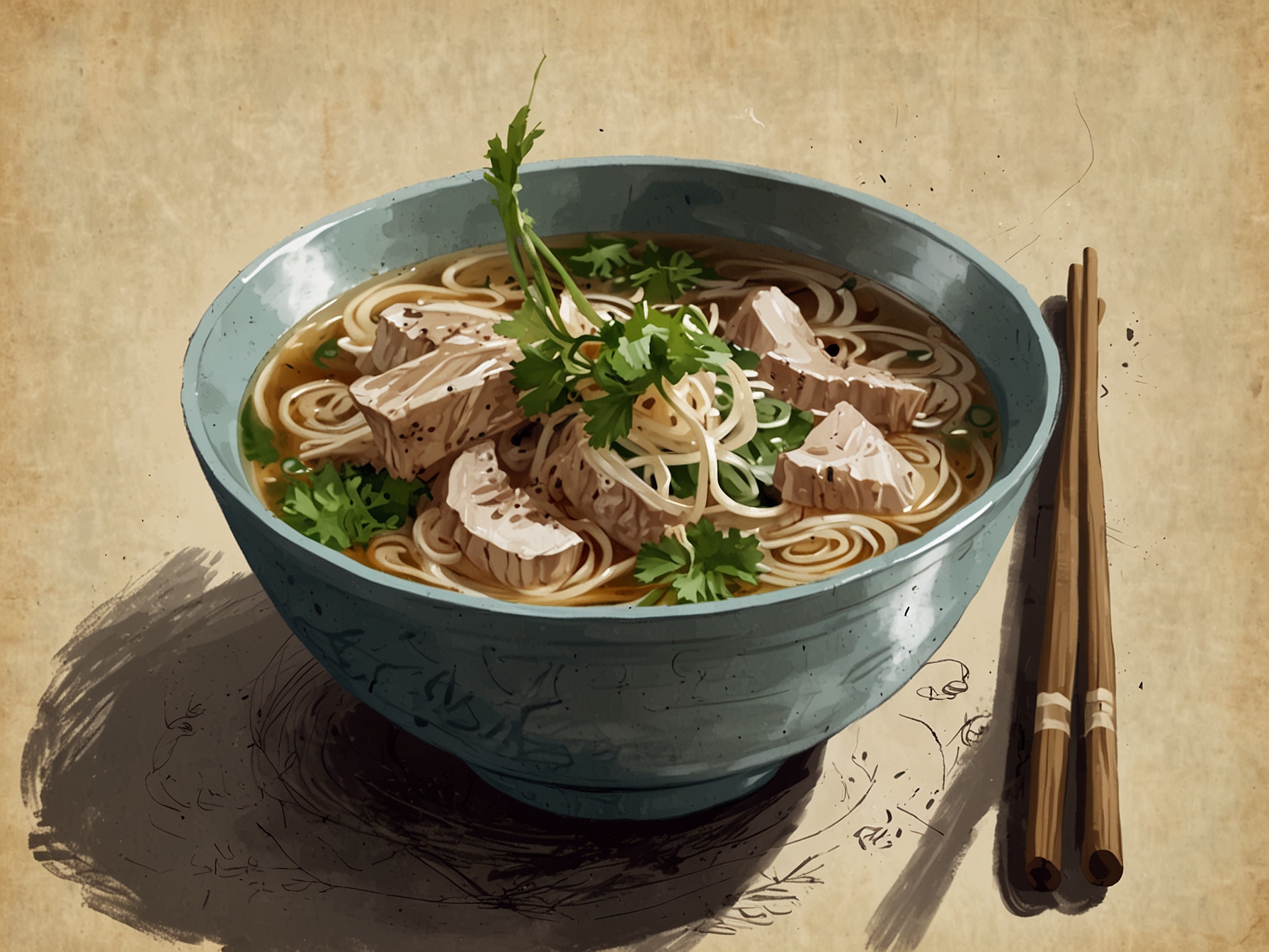 An inviting bowl of pho with tender noodles, clear broth, and fresh herbs, emphasizing the comforting essence of Vietnamese cuisine in a warm setting.